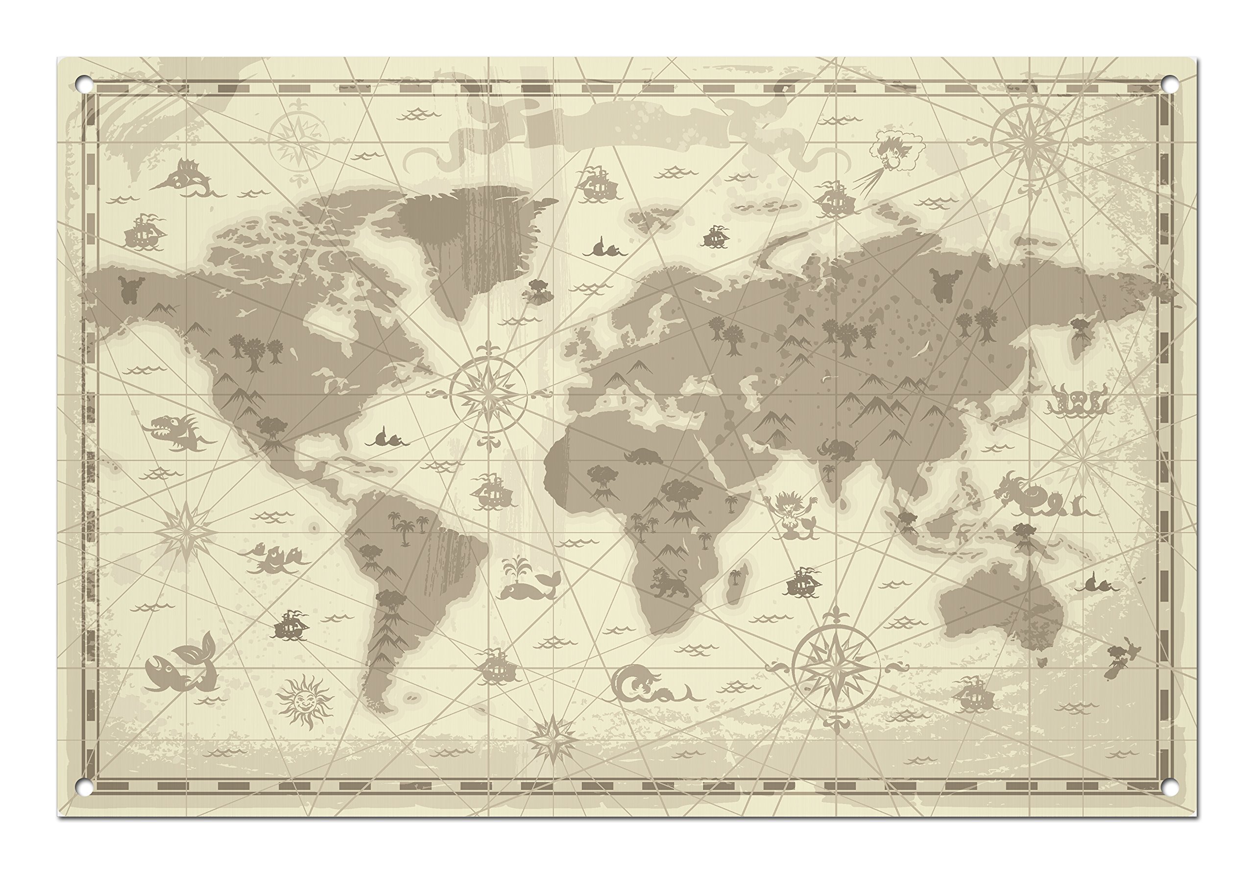 Old Map & Compass Cartography Novelty Gift Brushed Aluminium Metal Sign