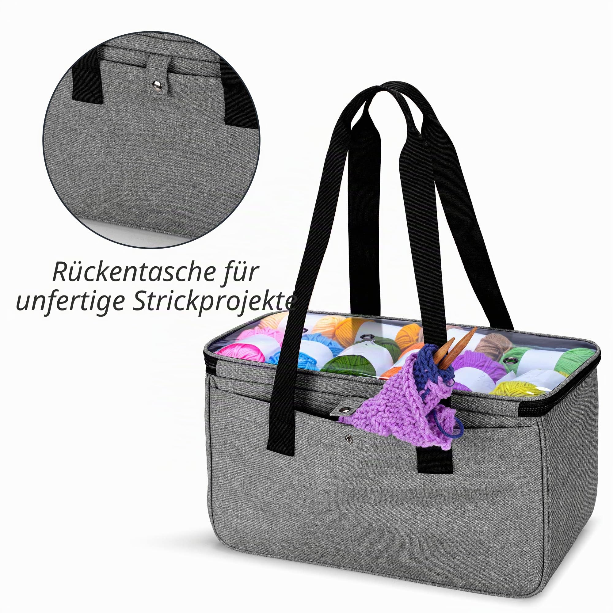 Yarwo Stricktasche für Wolle, Handarbeitstasche, Grau mit Pfeilmuster | Mit 2 Großen Fächern für Wolle, Transparenter Abdeckung, 4 Ösen und Frontfach mit Transparenten Taschen für Strickprojekte
