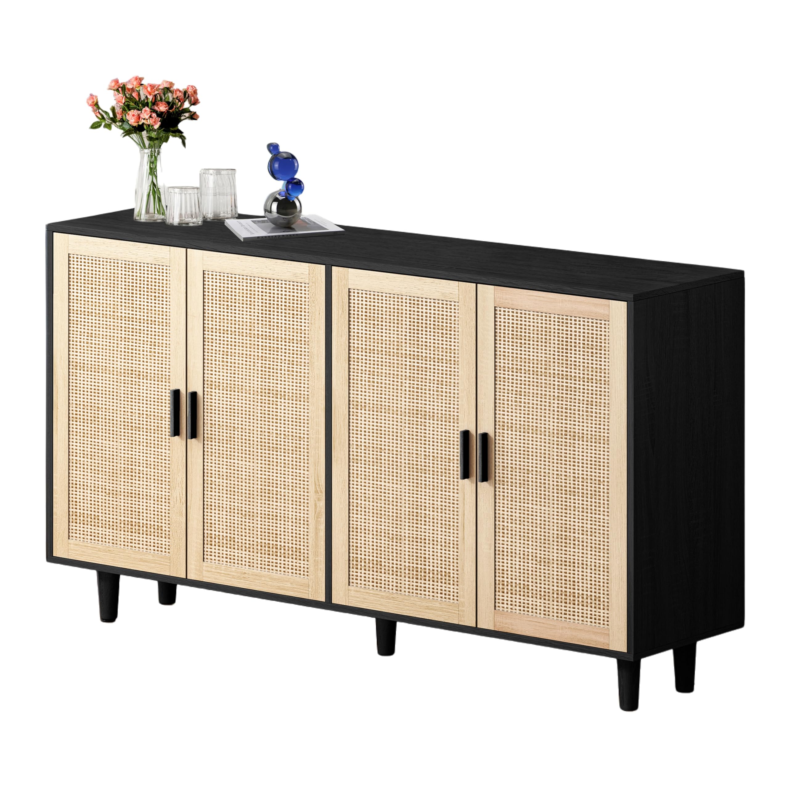 158CM Elegant and Functional 4-Door Rattan Decorative Storage Cabinet,for Bedroom,Living Room,Office,Black;158CM Eleganter und funktioneller 4-türiger Rattan Schrank für Schlafzimmer, Wohnzimme