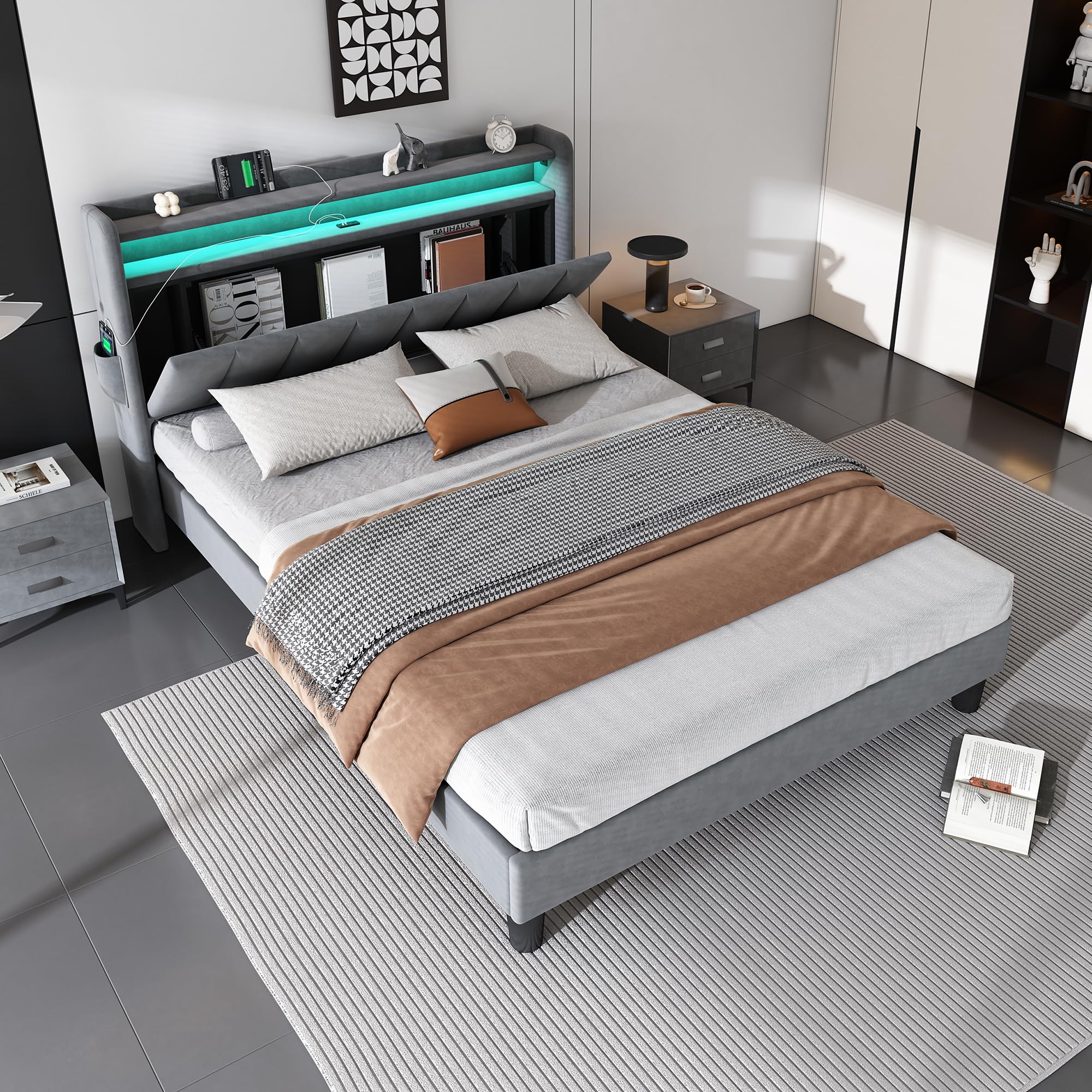 Merax 4ft6 Double Bed Frame, Upholstered Storage Bed, Lower flap door storage, With LED light strip, 3 USB port+1 Type C, For adults & teenagers, Grey/Velvet, 135x190 cm