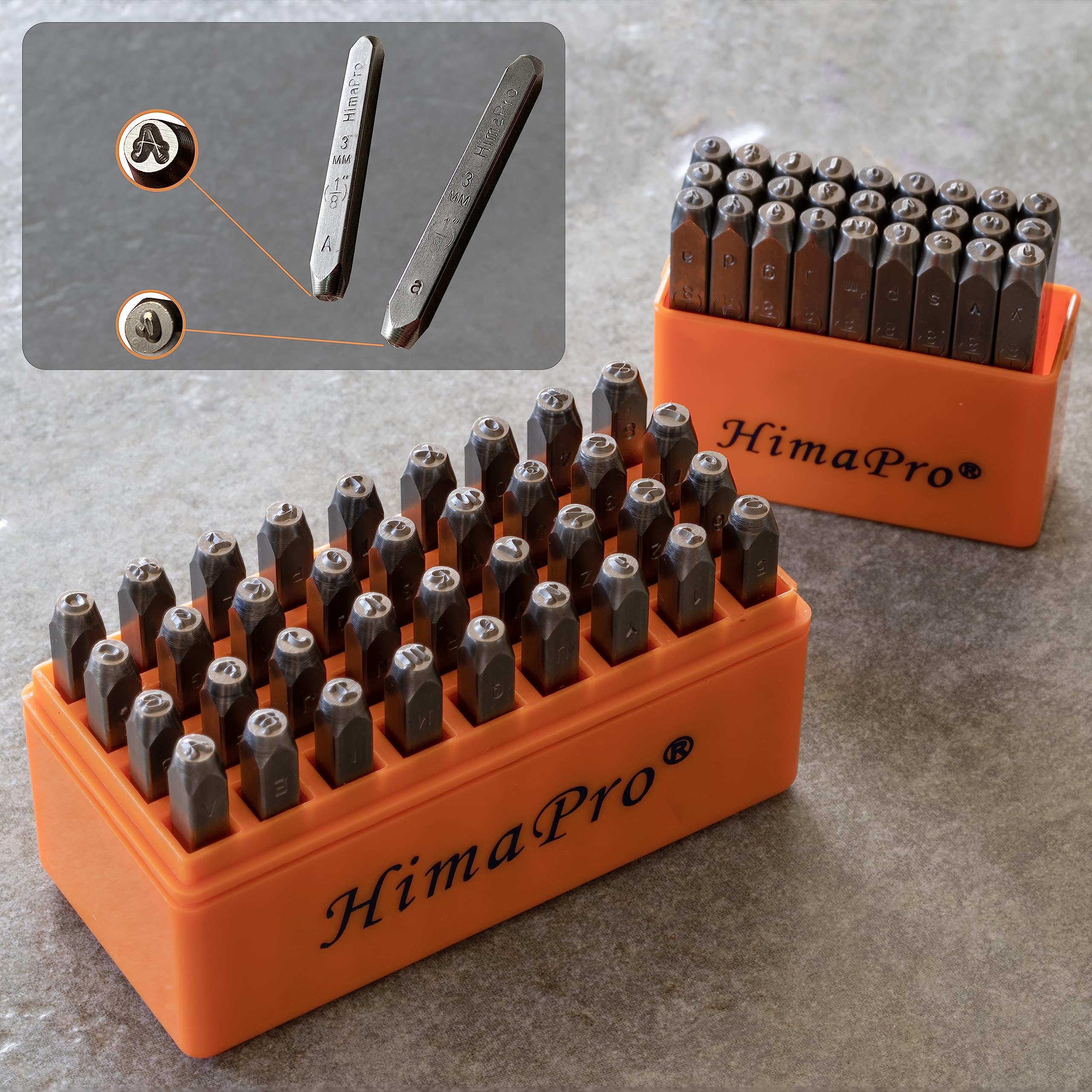 HimaPro Kit de sellos metálicos de 63 piezas de estilo artístico con números y letras ('A'-'Z', a'-'z', 0'-'9') con bloque de banco de acero sin rebote de 3 pulgadas