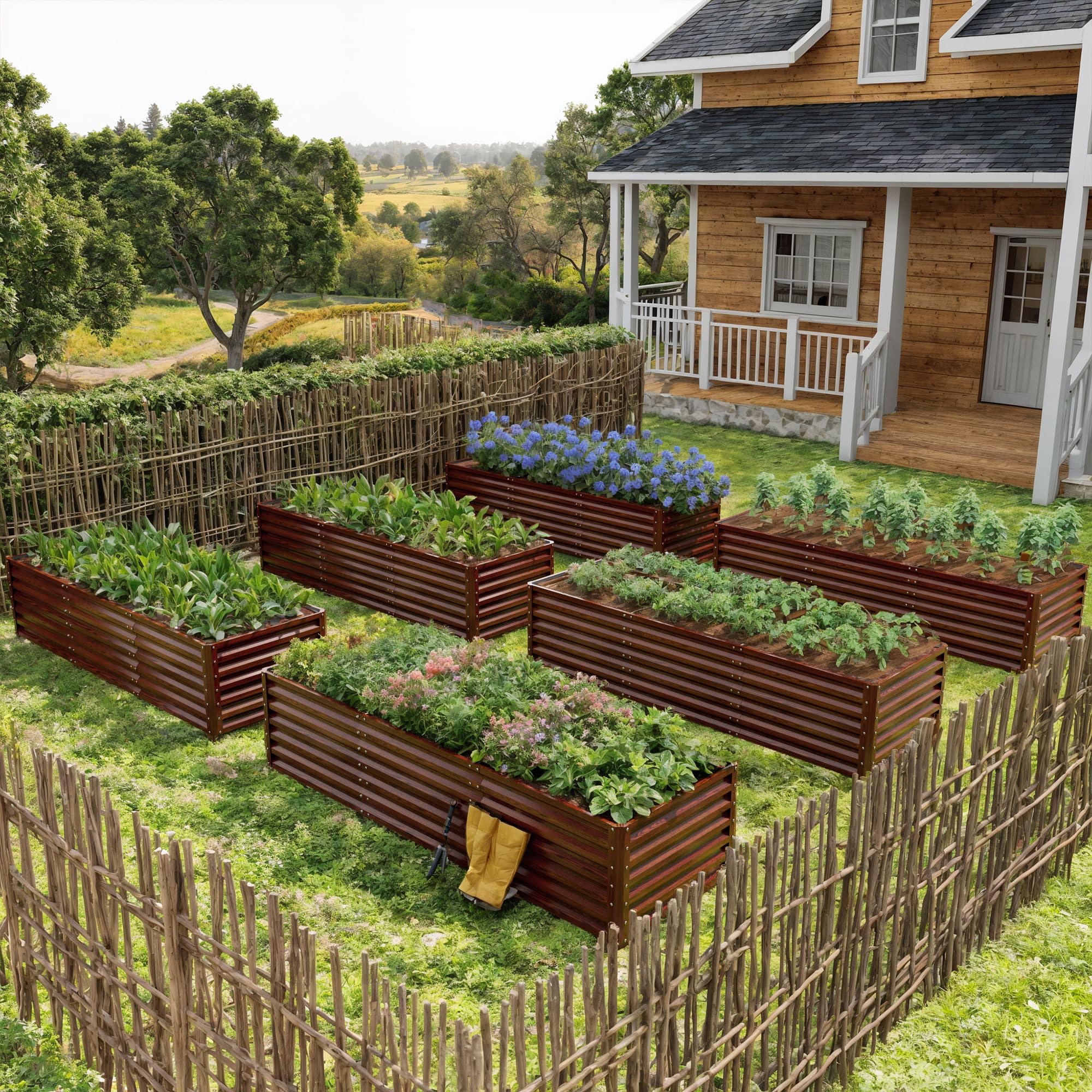 Amopatio Jardinière surélevée en Acier Galvanisé, Potager Extérieur/Balcon, Bac à Semis 1300L, 240 x 90 x 60 cm, Résistant aux Intempéries pour légumes, Fleurs, Acajou