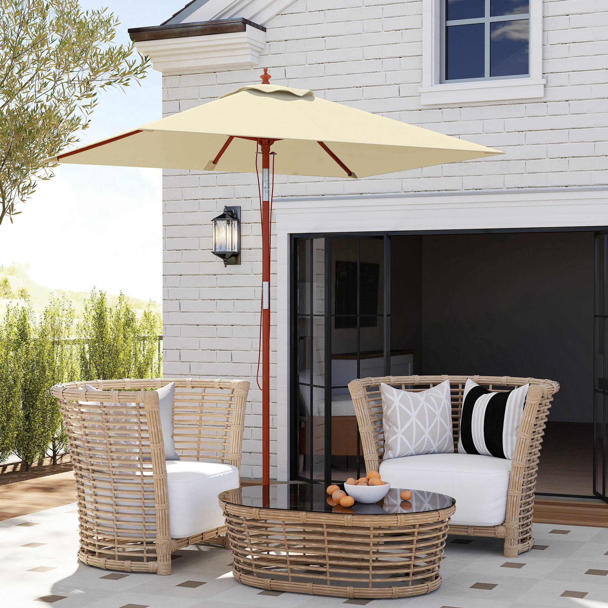Outsunny Sombrilla Terraza Exterior 200x150 cm Sombrilla de Jardín Rectangular con Ángulo Ajustable Mástil de Madera y Manivela Parasol para Patio Terraza