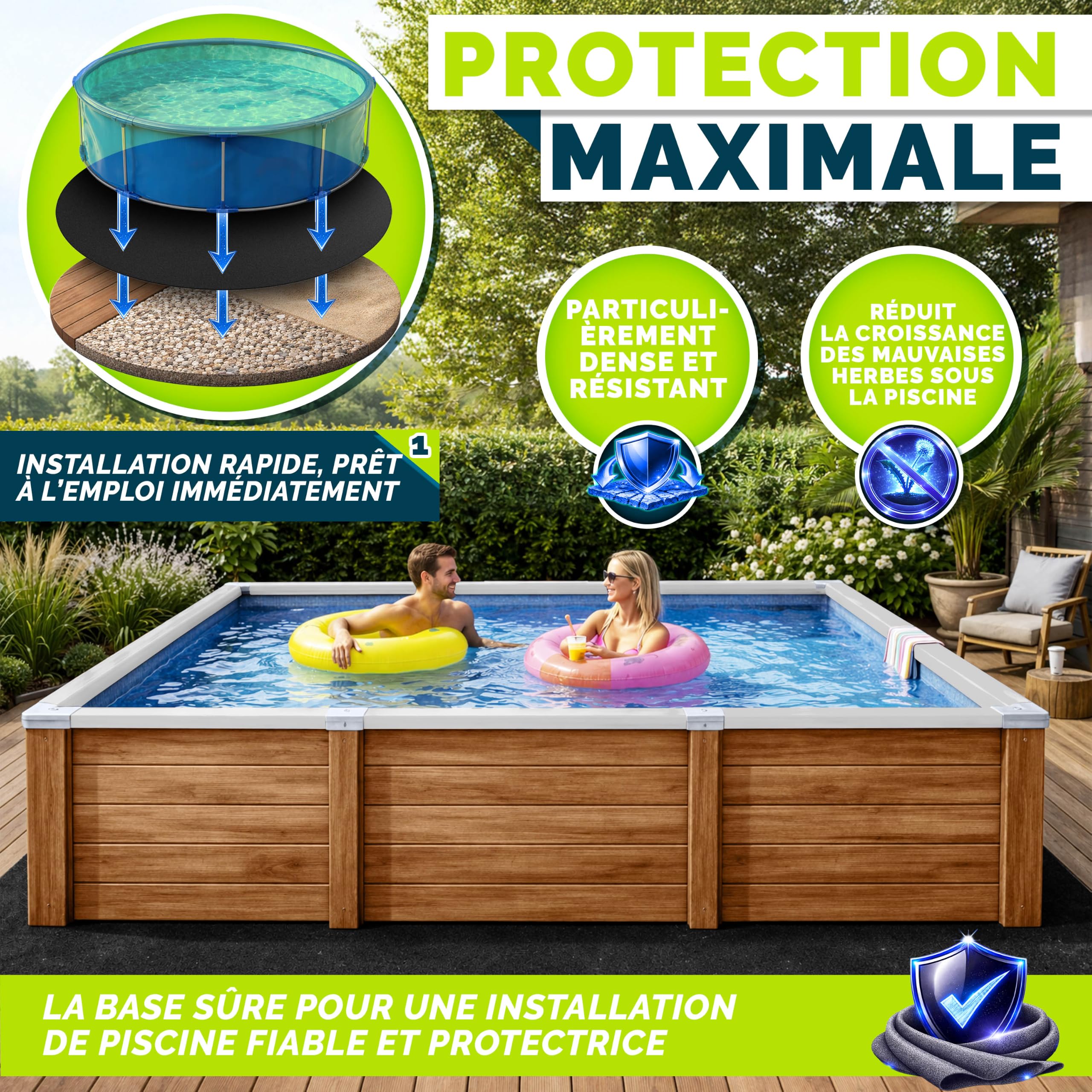 tillvex® Tapis de piscine rectangulaire de qualité supérieure - 480 x 250 cm - Géotextile 400 g/m² - Bâche de sol pour piscines jusqu'à 450 x 220 cm - Toison de protection de sol découpable
