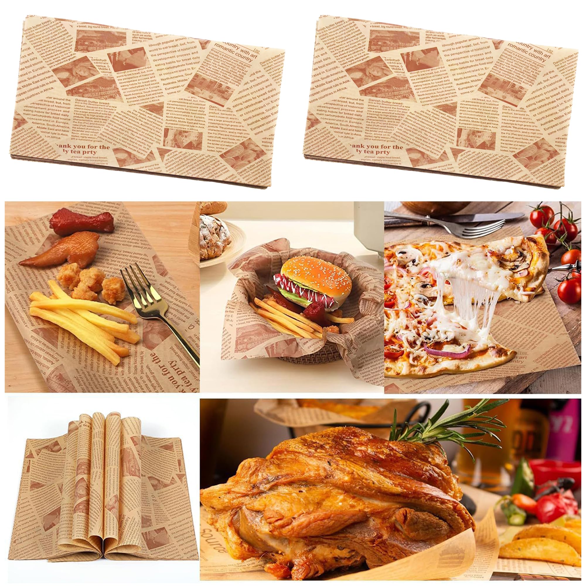 100 Feuilles De Papier Sulfurisé Kraft 25x25 Cm - Style Journal Vintage - Résistant à L'huile Et à L'eau - Pour Hamburgers, Frites, Sandwiches, Présentation - 10