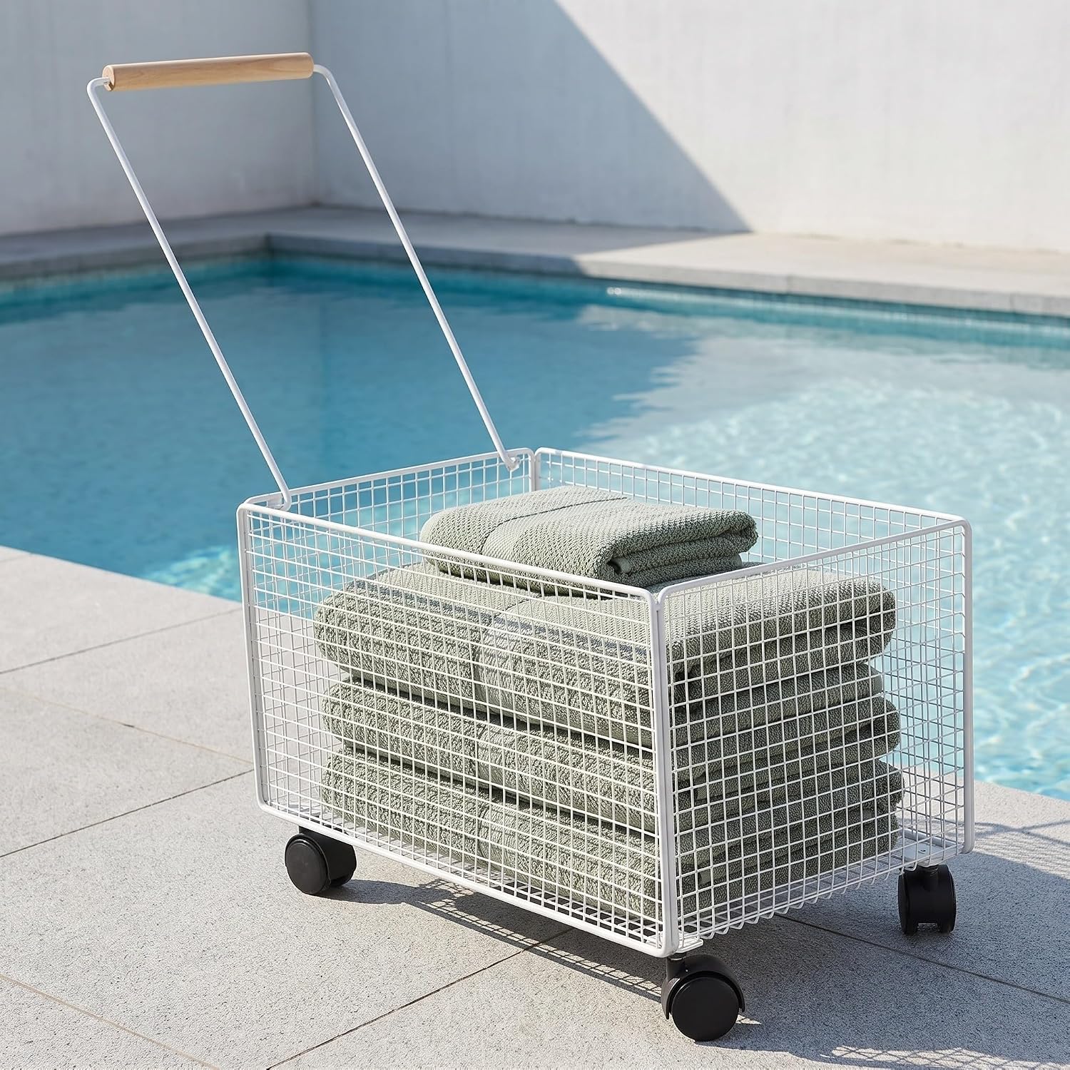 Pool Towel Storage Cart with Wheels and Pull Handle for Beach