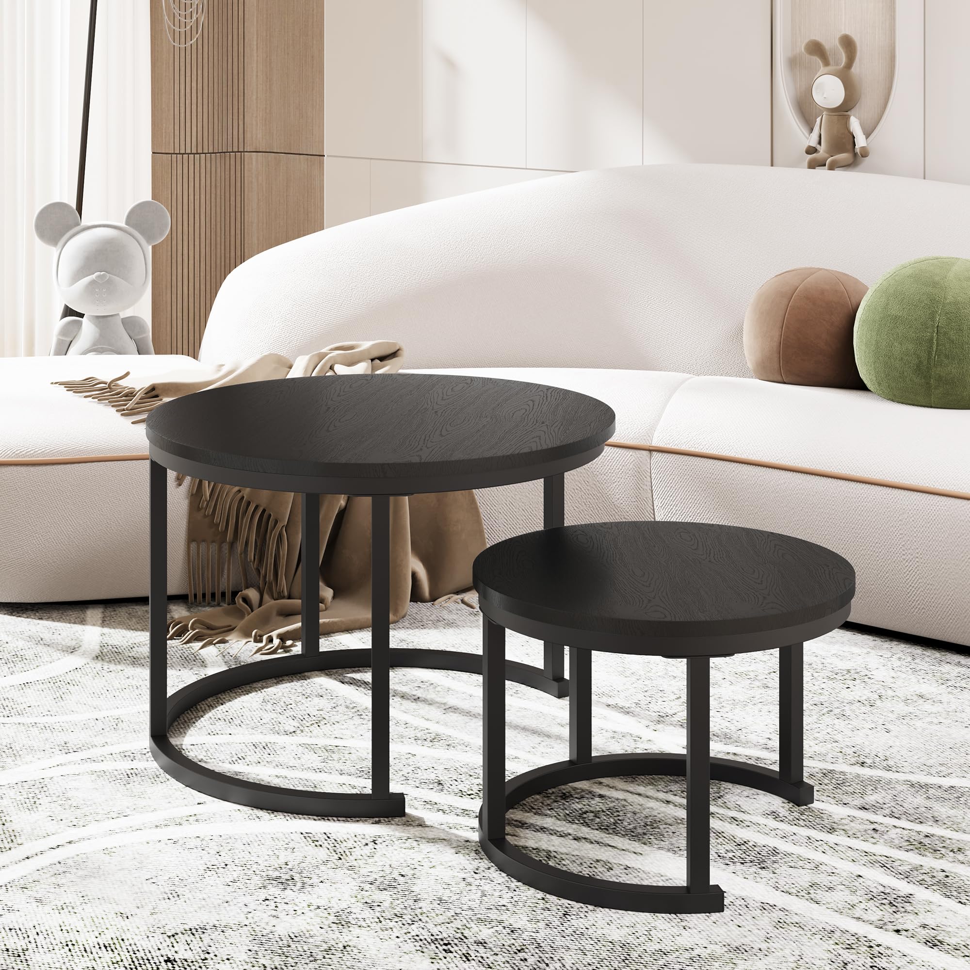 HOMERECOMMEND Tavolino rotondo, set da 2 pezzi, tavolino da salotto in legno, moderno, con struttura in metallo, per soggiorno, balcone, nero