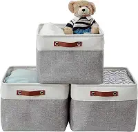 Caixa Cesto Organizador de Tecido Linho Dobrável Cinza com Alça Couro Ecológico (45x35x25cm)
