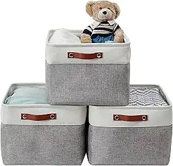 Caixa Cesto Organizador de Tecido Linho Dobrável Cinza com Alça Couro Ecológico (45x35x25cm)