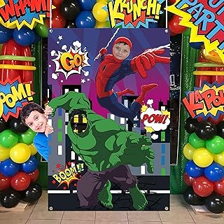 Superhero Photo Door Banner,Spider and Green Giant Face Photography Fabric Banner Background for Kids Birthday Party Favor Supplies Decorations and Party Game Photo Props Backdrop Props