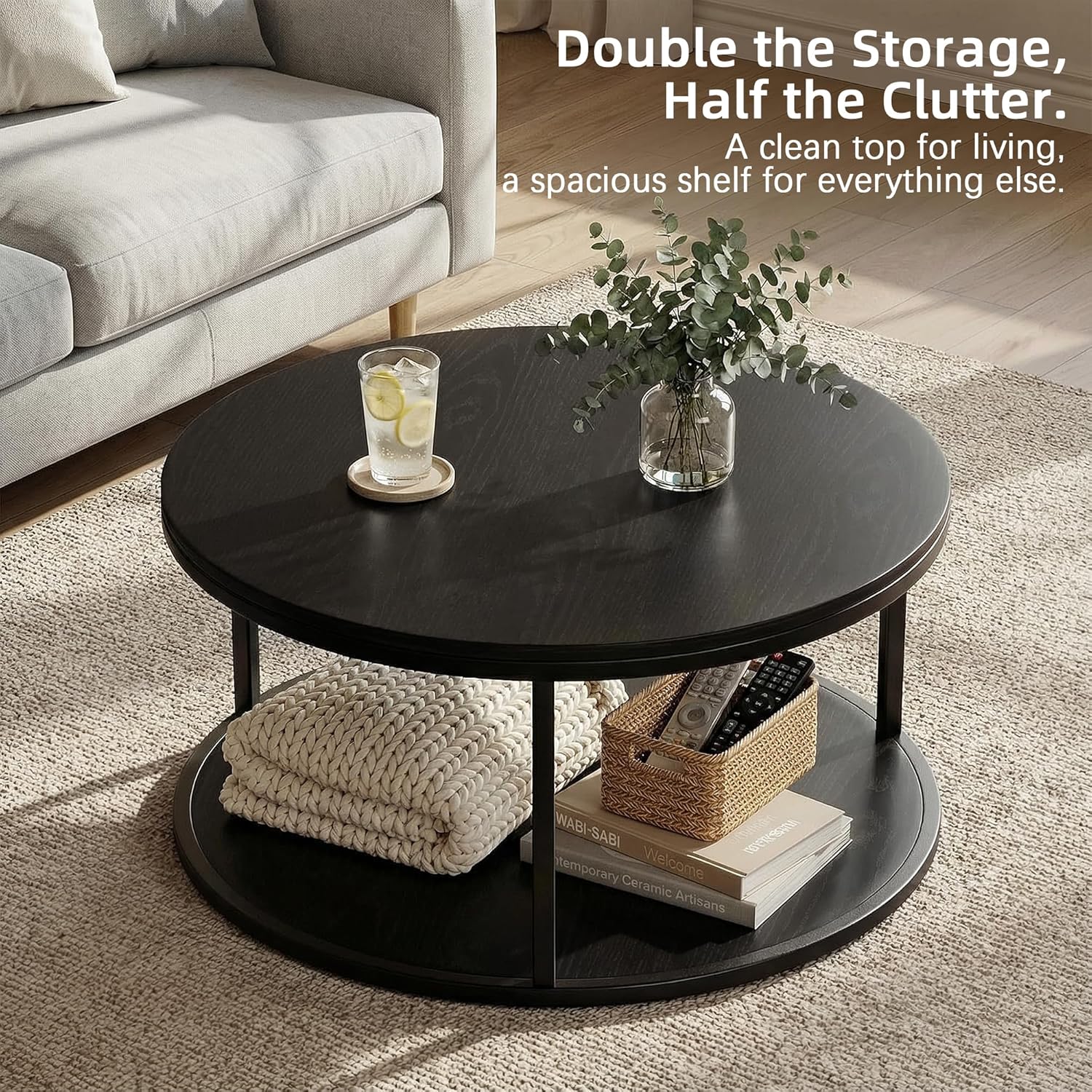 YESHOMY 36" Round Coffee Table, 2-Tier Wood Center Table with Storage Shelf, Heavy-Duty Metal Frame, Easy Assembly, Ideal for Living Room & Small Spaces, Black