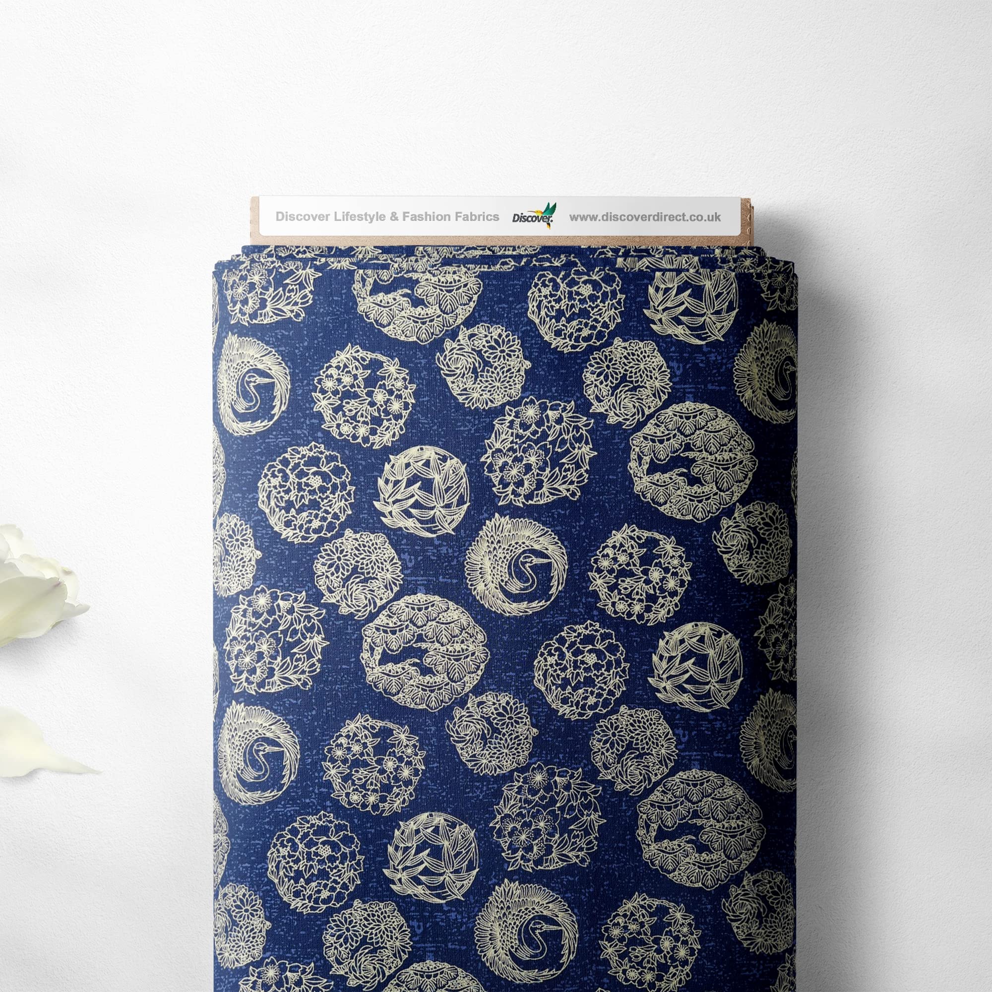 100% Cotton Isumi Japanese Medallions Design Oriental Metallic Foil Quality Sewing Upholstery Furnishing Fabric Material | 57" - 147 cm Wide (per Half Metre, Navy Blue)