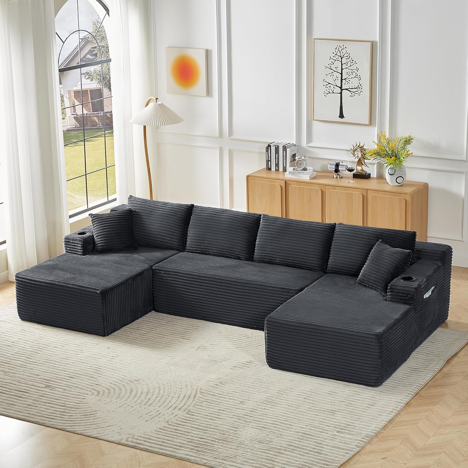 134" U Shaped Boneless Couch with Chaise, Oversized Modular Sectional Sofa with Cupholders & Storage Corduroy Cloud Couches for Living Room, Free Combination, No Assembly Required, Grey