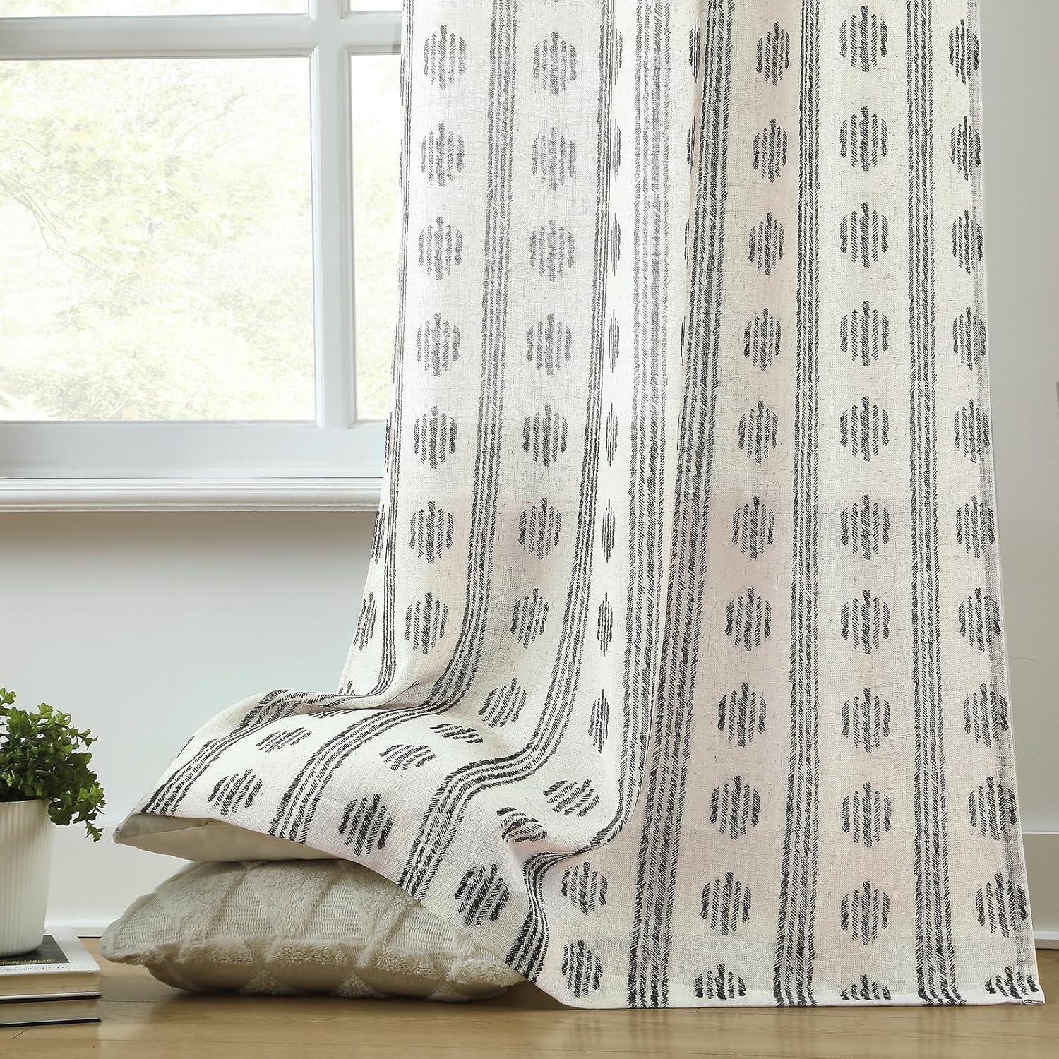 Melodieux Boho Striped Pattern Linen Textured Sheer Curtains for Bedroom, Living Room Light Filtering Grommet Window Curtain Drapes, 50 by 84 Inch, Black on Beige(2 Panels)