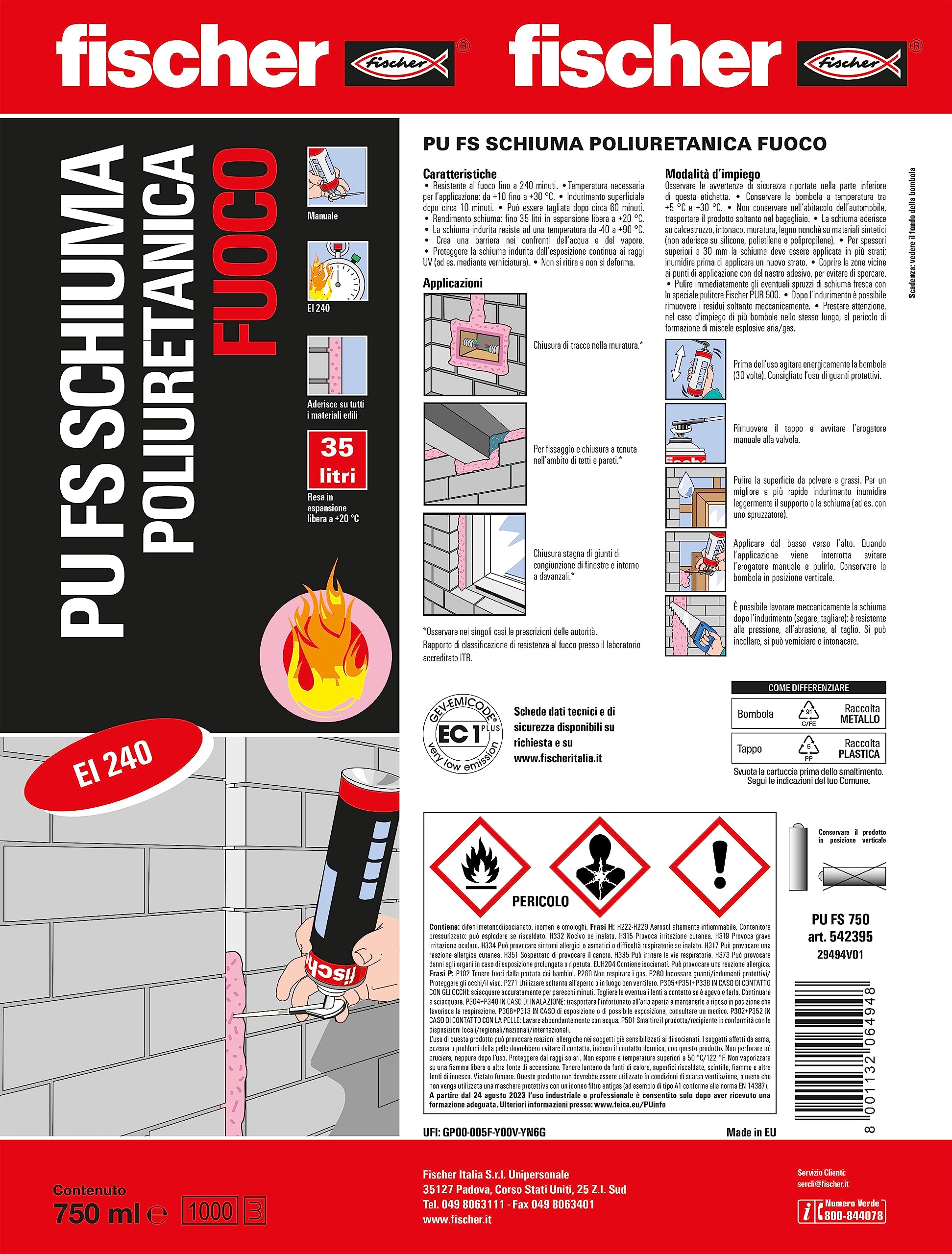 Fischer PU FS Schiuma Poliuretanica Resistente al Fuoco, Manuale, Erogatore incluso, per Applicazioni Antifuoco, 542395