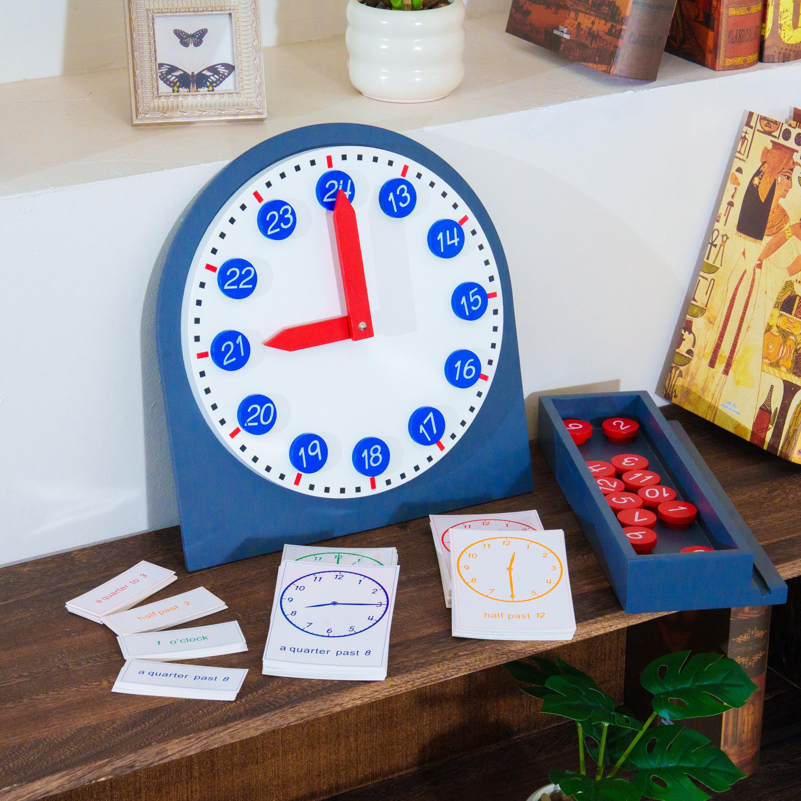 Premium Montessori Groß Uhr mit beweglichen Zeigern 30cm & 111 Karten – Buchenholz-Lernuhr für Uhrzeit lernen & Zahlenverständnis, Mathe-Material für Kinder 3-8, Homeschool & Klassenzimmer (Clock )