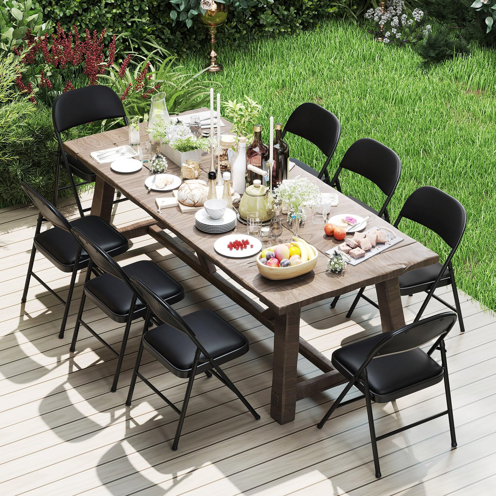 COSTWAY Set di 4 Sedie Pieghevoli, Sedia per Interno ed Esterno con Struttura in Metallo, Sedie Impilabili in Artificiale PVC, Portata 150kg, Sdraio Imbottite da Pranzo per Feste e Matrimoni (4)