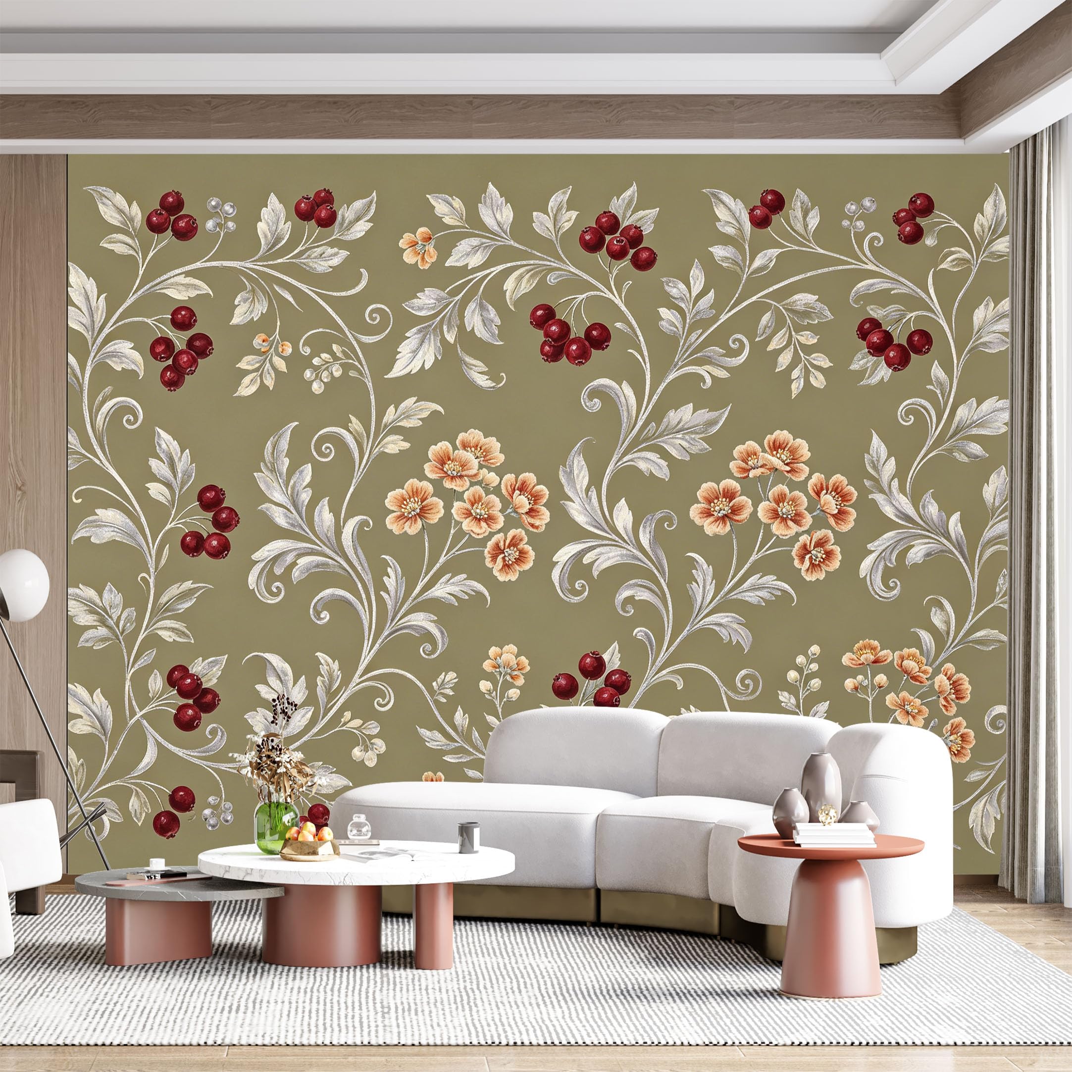 Custom Size Wall Mural Botanical Floral Berry Branch Watercolor SelfAdhesive Wall Fabric Removable for Home Office Decor