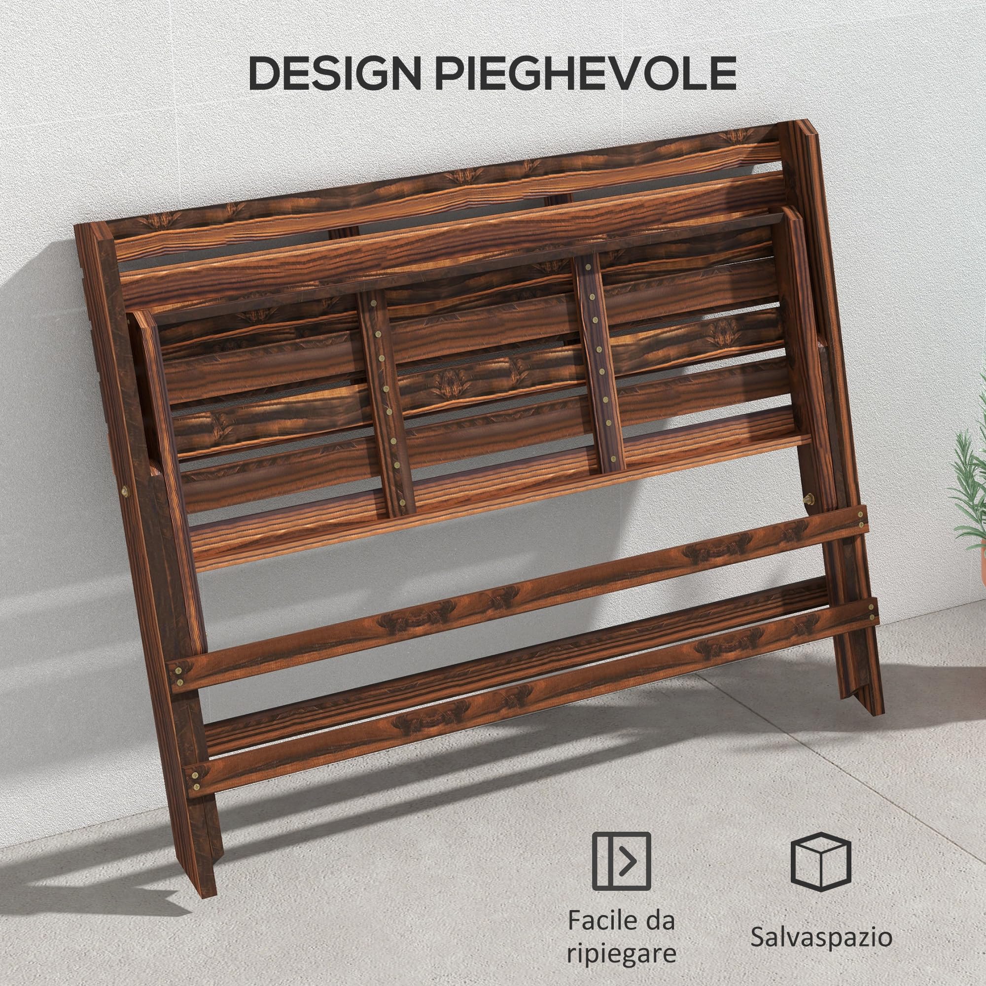Outsunny Panchina da Giardino da 2 Posti Pieghevole, Panchina da Esterno a Doghe in Legno di Pino, Panca per Terrazza Patio e Cortile, 122x63x83 cm, Carbonizzato
