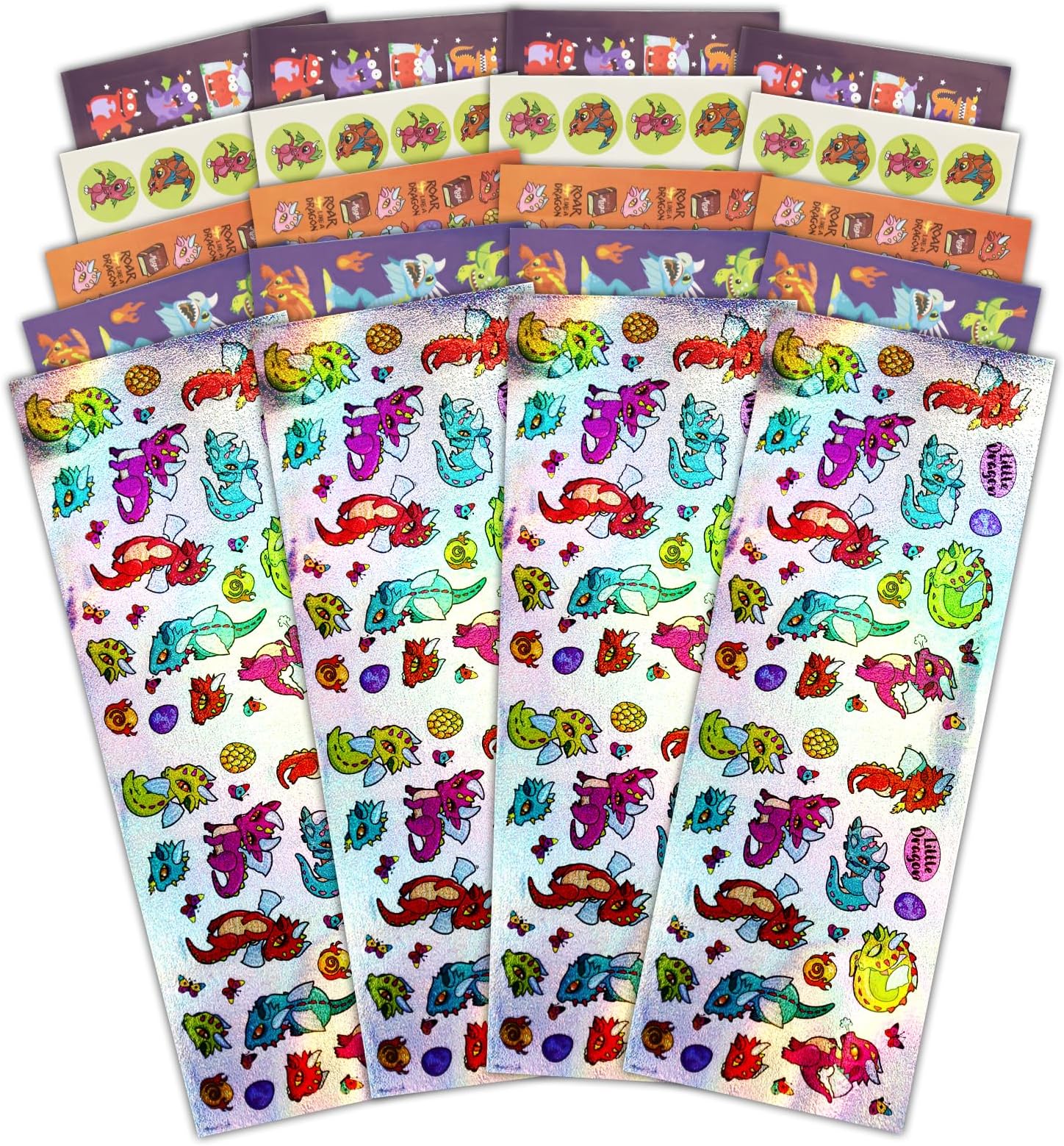 VKPI 1200 Count Stickers for Kids, Dragon Theme for Toddlers, 20 Sheets Regular and Holographic Sticker, Fun Craft Stickers for Scrapbooks, Rewards, Sticker Pack Gift for Children