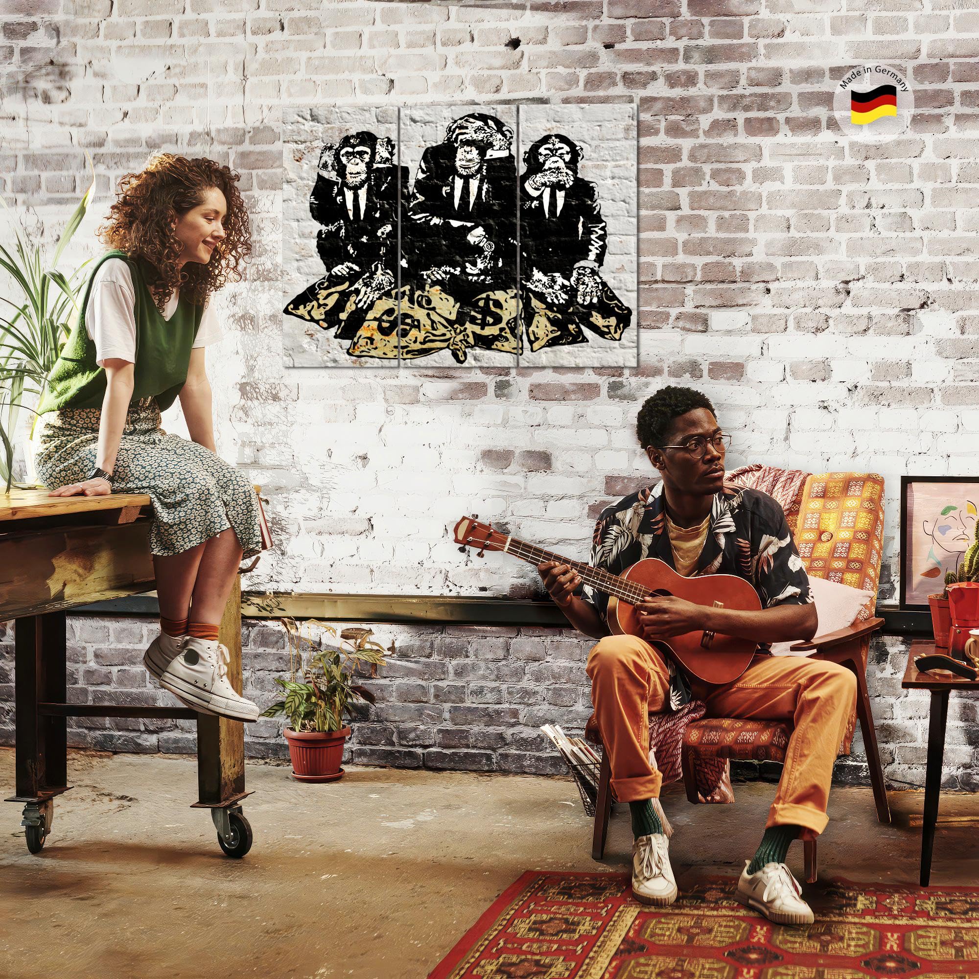Runa Art Trois Singes Peinture Tableau Salon XXL Gris Graffiti 120 x 80 cm 3 Parties Decoration Murale 303431a