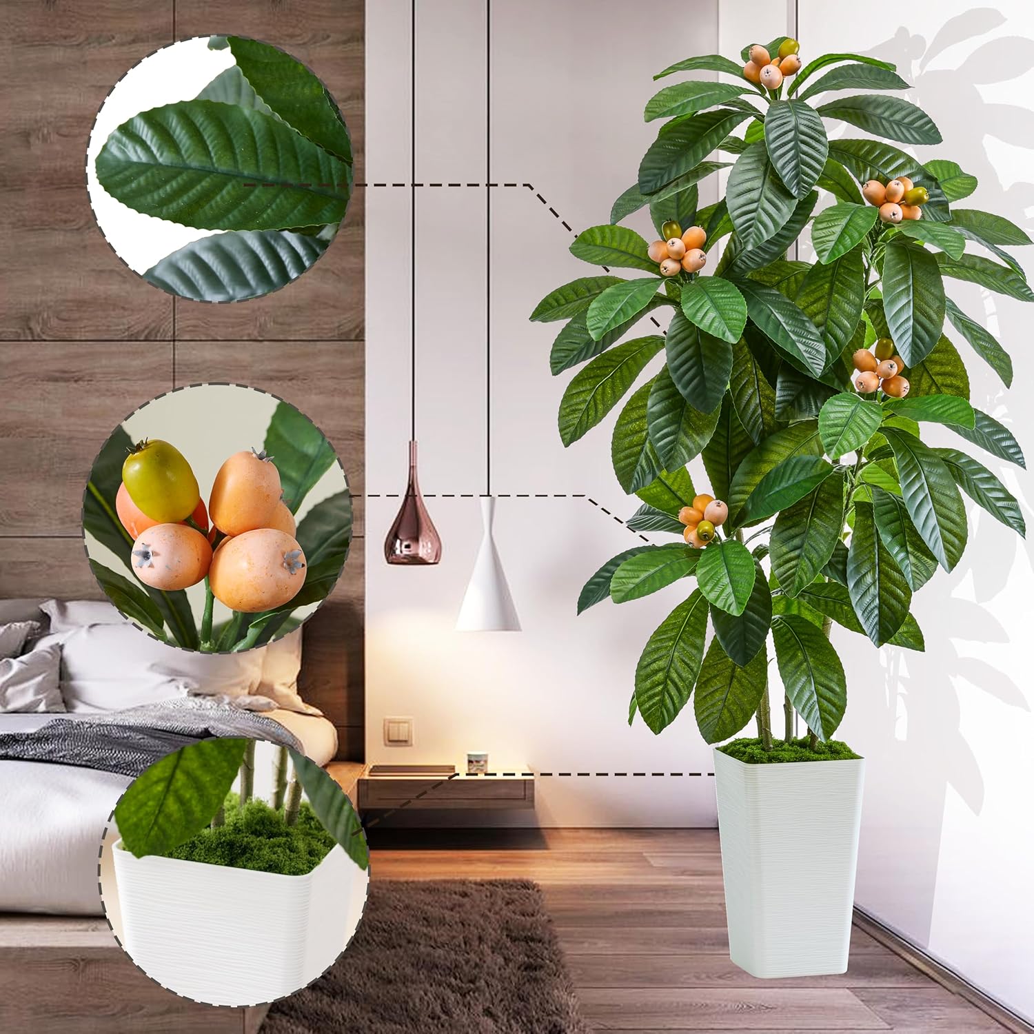 Artificial Loquat Tree 5FT Japanese Medlar Tropical Fruiting Plant Tall Artificial Plants Indoor-Loquat Tree Large Fruiting Silk Tree for Home Office Living Room Decor Indoor (White Tall Planter) - Image 2