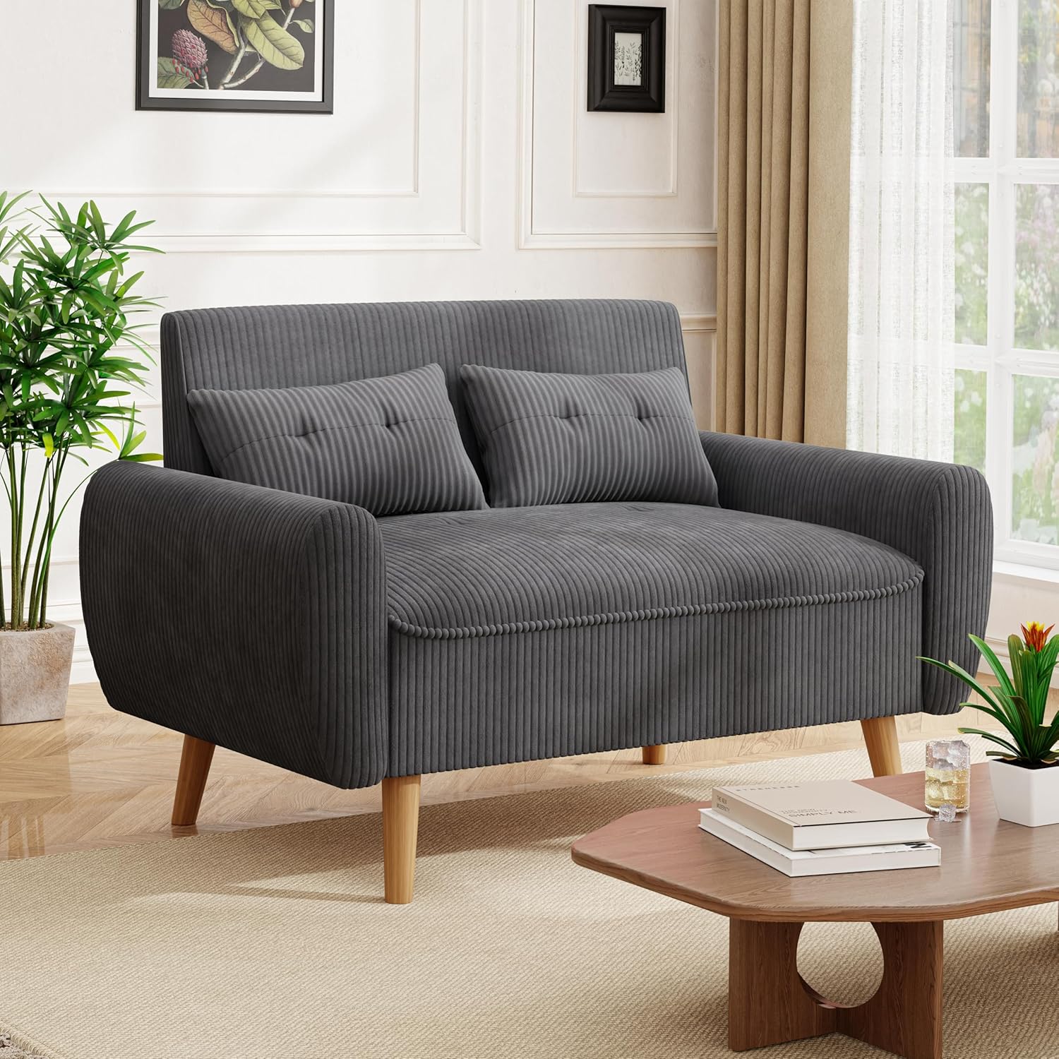 JAMFLY 47'' Small Loveseat Sofa, 2 Seat Compact Couch with Tapered Legs, Dark Grey Upholstered Furniture, Solid Wood Frame, Comfy Foam Cushion, Easy Assembly for Small Spaces