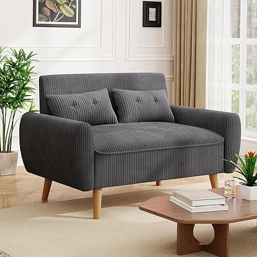 JAMFLY 47'' Small Loveseat Sofa, 2 Seat Compact Couch with Tapered Legs, Dark Grey Upholstered Furniture, Solid Wood Frame, Comfy Foam Cushion, Easy Assembly for Small Spaces