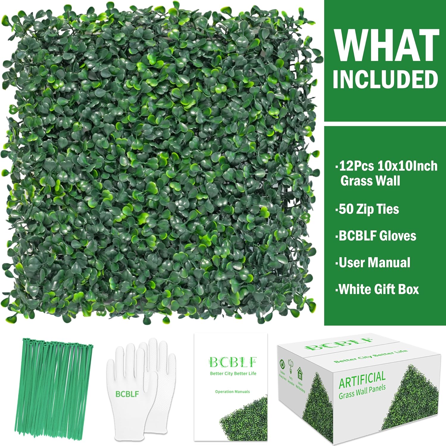 10x10Inch 12Pcs Grass Wall Panels, UV-Anti Boxwood Greenery Hedge, Odorless Artificial Fake Grass Backdrop Indoor Outdoor Privacy, Birthday Wedding Decor, 8.3 SQ FT, Milan