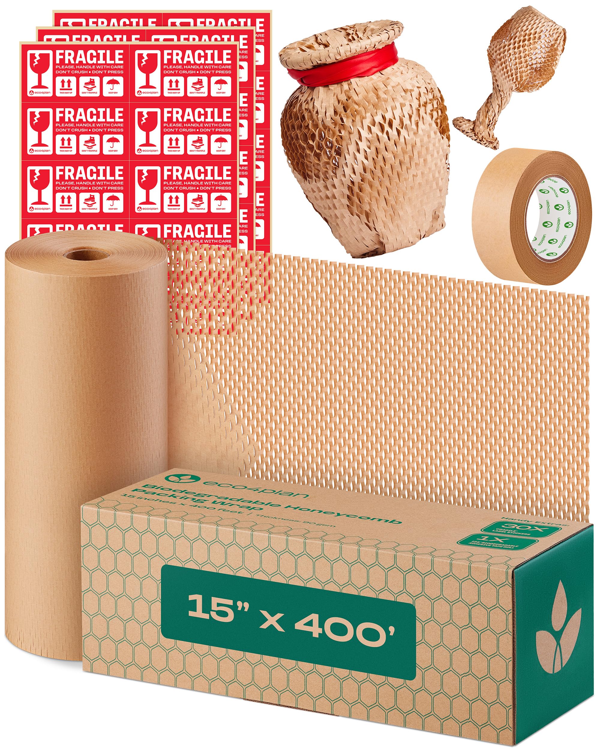 Honeycomb Packing Paper | Extra Thick 90 GSM Packing Wrap | Biodegradable Packing Materials: 15” x 400’ Moving Paper + 195’ Cellulose Adhesive Tape + 30 Fragile Stickers | Paper Bubble Wrap