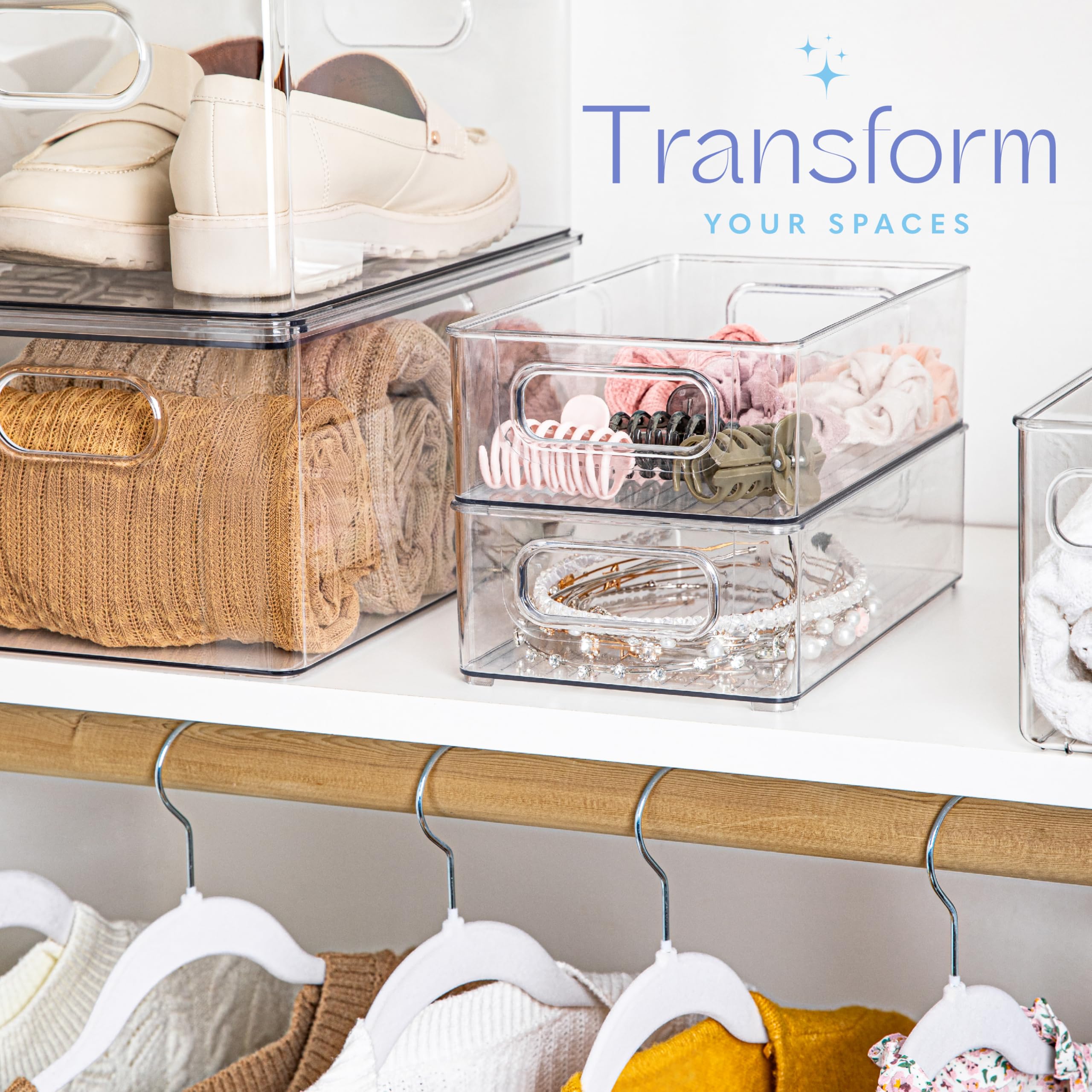 Contenedor de plástico transparente para almacenamiento de alimentos con asas para organizar cocina, despensa, refrigerador, congelador, despensa, armario, baño. Apilable, 10 x 6 x 3 pulgadas