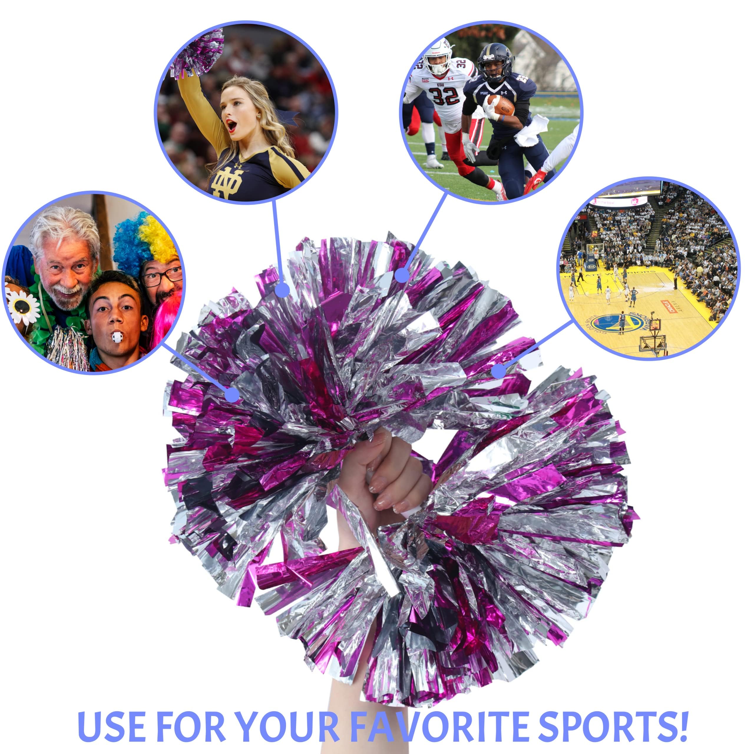Fonyiunce Lot de 2 Pompons de pom-pom girl Avec Poignées Pom Girl Métallisée, Belle Pom-pom Girl à la Main, Rubans de Fleurs pour Compétition Sportive, Danse, Cheers, Adultes et Enfants