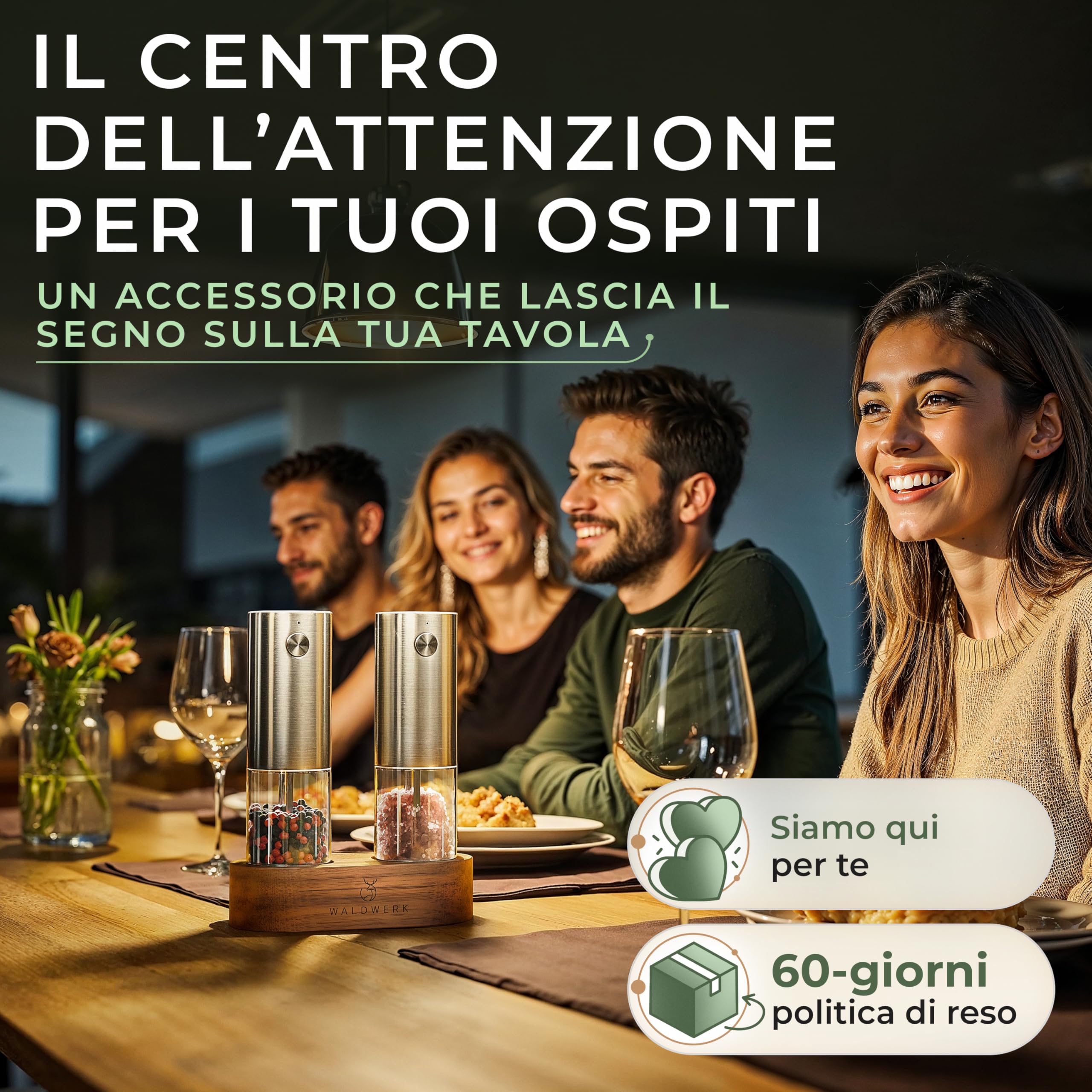 WALDWERK Macina Sale e Pepe elettrico (Batteria 300 mAh) – Macina Pepe e Macina Sale con elegante supporto in legno di acacia – Saliera da Tavola ricaricabili