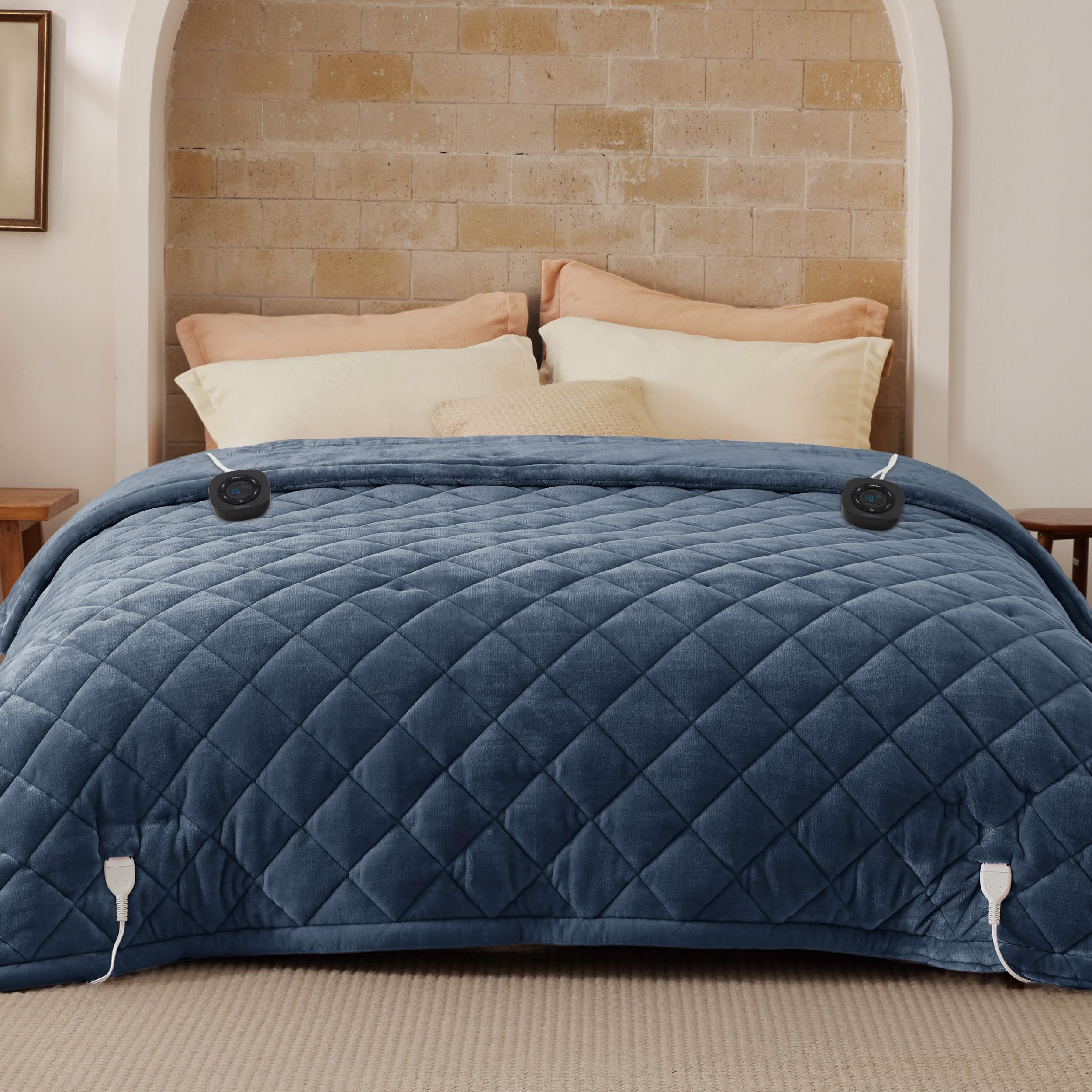 Bedsure Diamond Quilted Heated Blanket King, Filled Electric Blanket, Blue