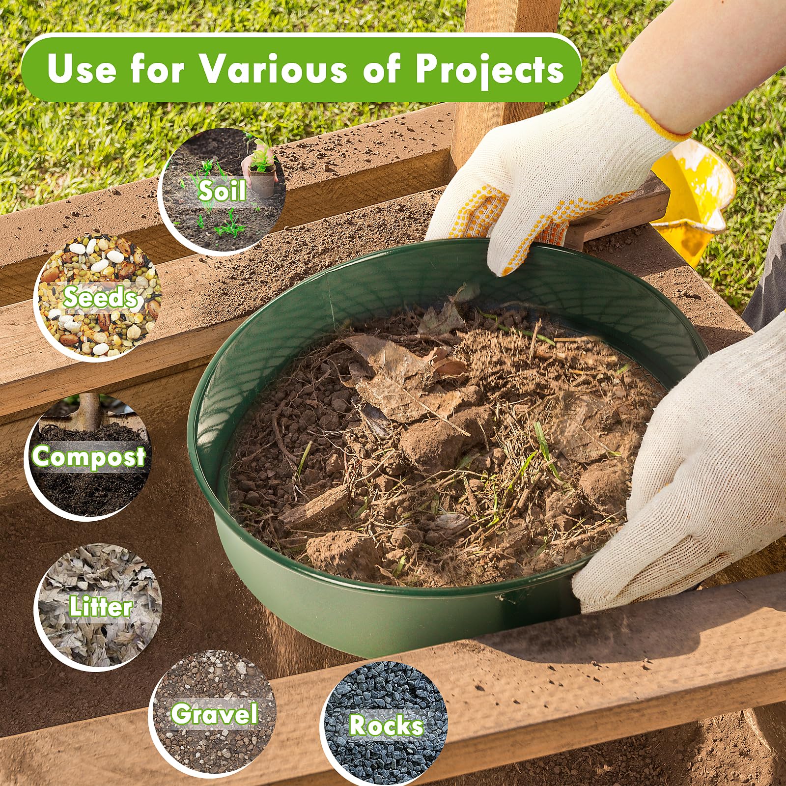 Setaccio Terreno per Giardinaggio, Setaccio Terreno in Acciaio Inox da 12 Pollici con 5 Schermi Fine Sostituibili, Guanti e Pala, Setaccio Sabbia, 3mm, 5mm, 8mm, 10mm, 12mm (Verde)