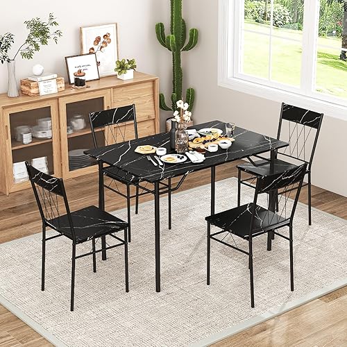 GOFLAME Juego de mesa de comedor de 5 piezas para 4, mesa de cocina moderna y 4 sillas con marco de metal, juego de comedor que ahorra espacio para