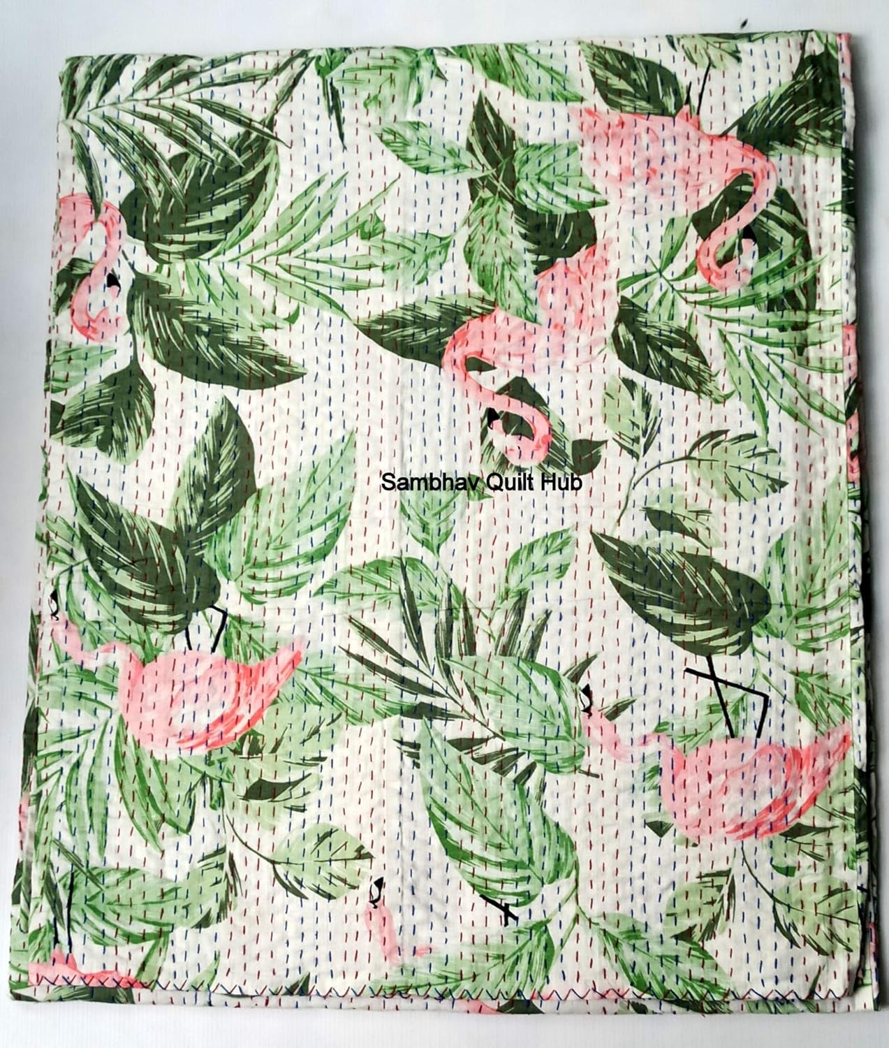 White&Green Handblock Home Decor Quilt Floral Elephant Print Handmade Quilted Kantha Bedspread Boho Bedding Queen Size/King Size Bed Cover Block Throw Kantha Quilt