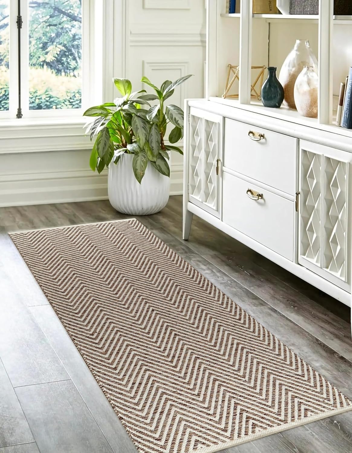 Cotton Chevrom Hand Woven Area Runner Rug 2x6 Feet - Beige, Farmhouse Decorative Floor Runners Ideal for Hallways, Kitchen, Bedroom | Linen Nursery Neutral Geomatric Reversible Living Space Patio Mats