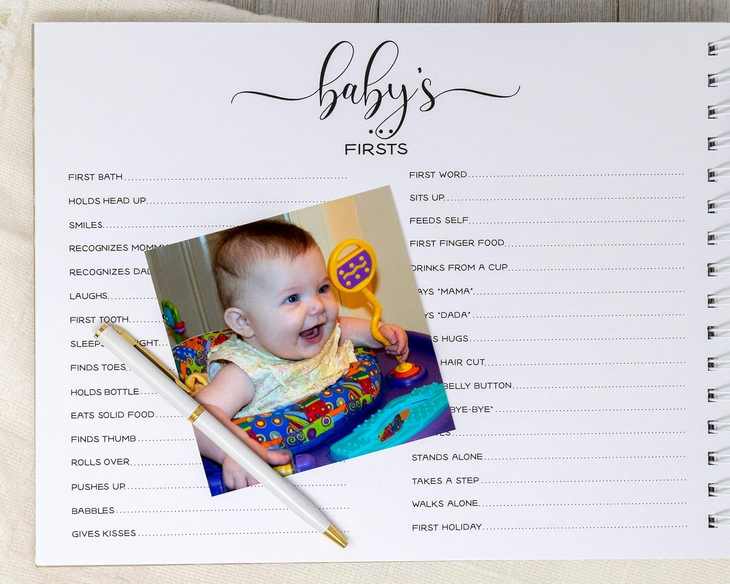 Baby Memory Book (15 Center Designs) - Hard Cover First Year Album Personalized with Baby’s Name - Girl Baby Journal (Pink Chevron + Gray)