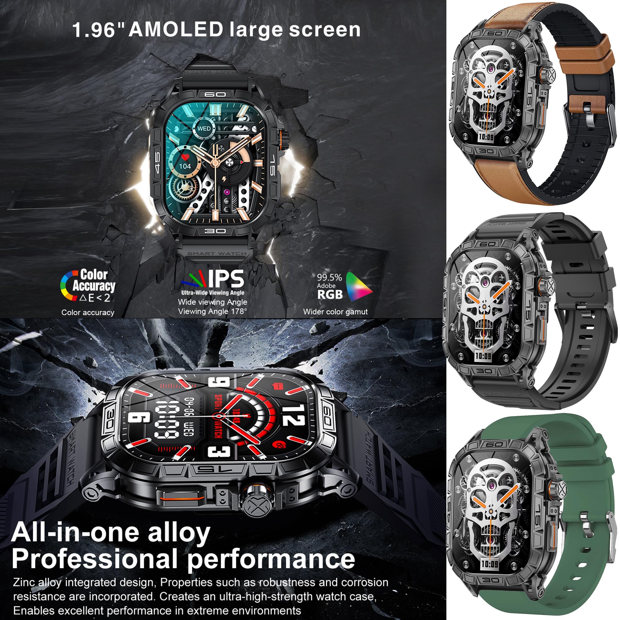 Smartwatch męski z funkcją telefonu, Smart Watch 1,96" AMOLED z połączeniami telefonicznymi Bluetooth 5ATM, wodoszczelny zegarek fitness z monitorem tętna, monitorem snu, krokomierzem, zegarek