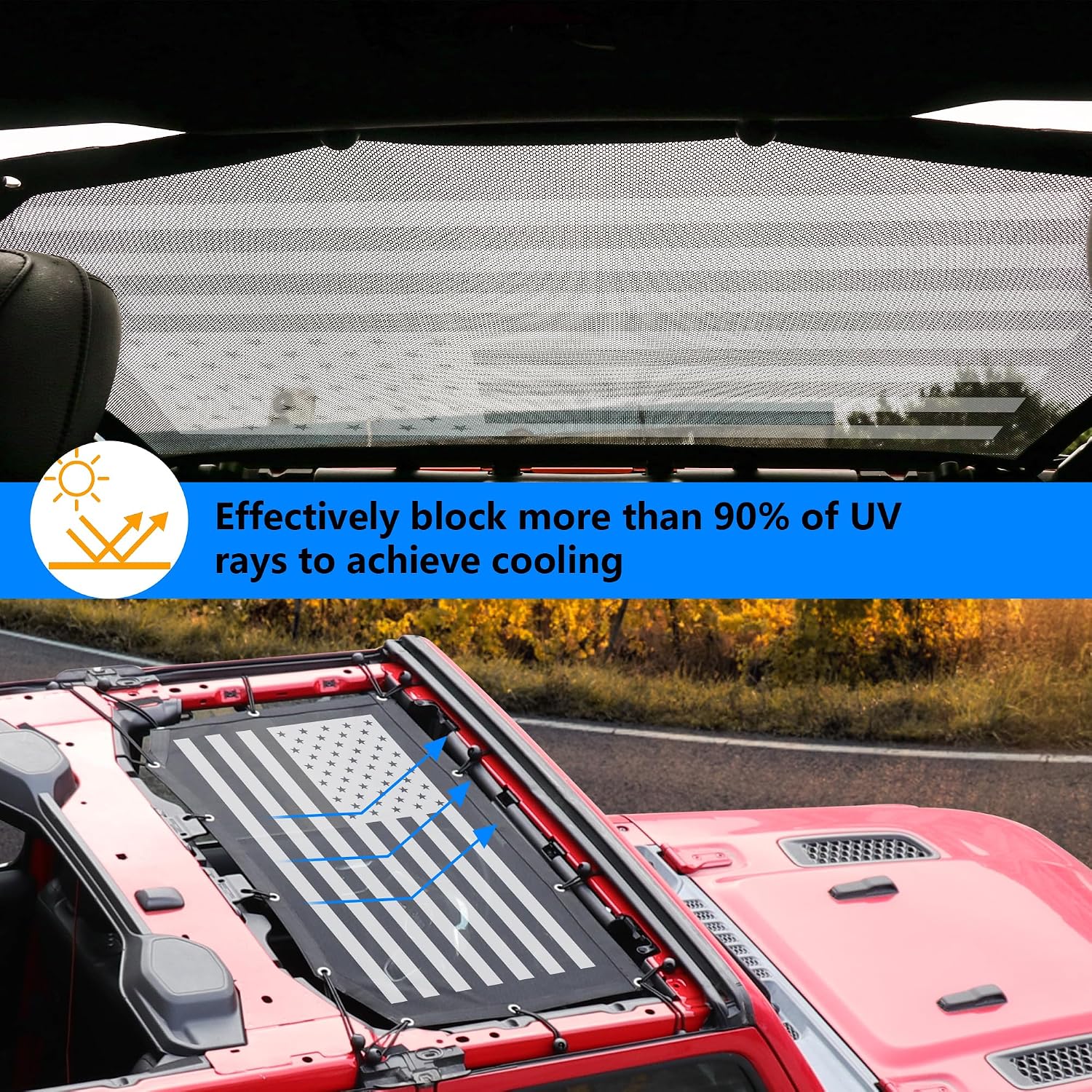 Sunshade for 2018-2023 Jeep Wrangler JL JLU Accessories 2/4 Door Front & Rear Mesh Sun Shade Sunshade Bikini Soft Top Roof Cover Net for Jeep JL - Blocks UV, Wind, Noise,Flag