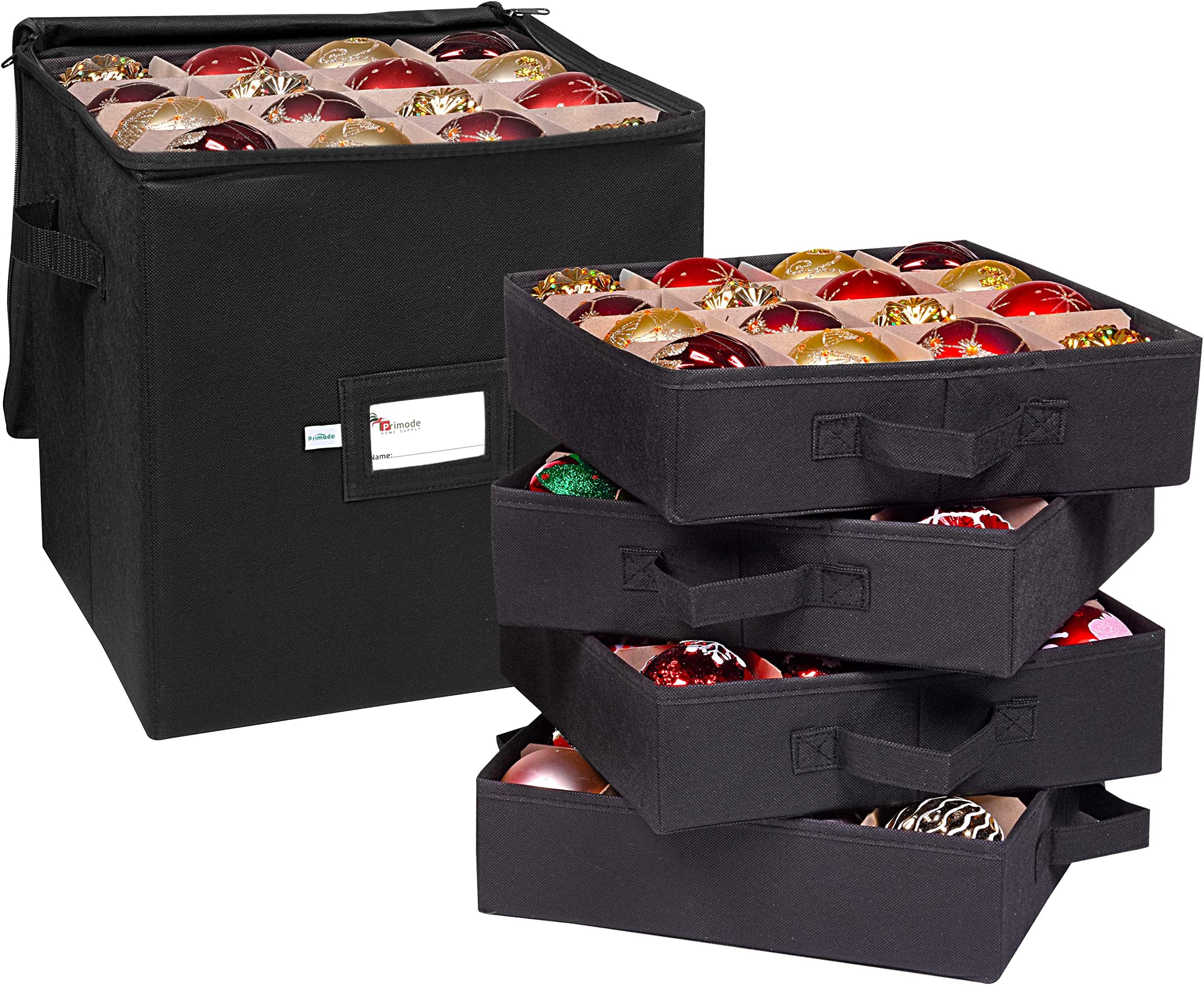 Primode Christmas Ornament Storage Box, 4 Individual Trays Xmas Storage Container, Fits 64 Ornaments Decoration Balls, Constructed of Durable 600D Oxford Material (Black)