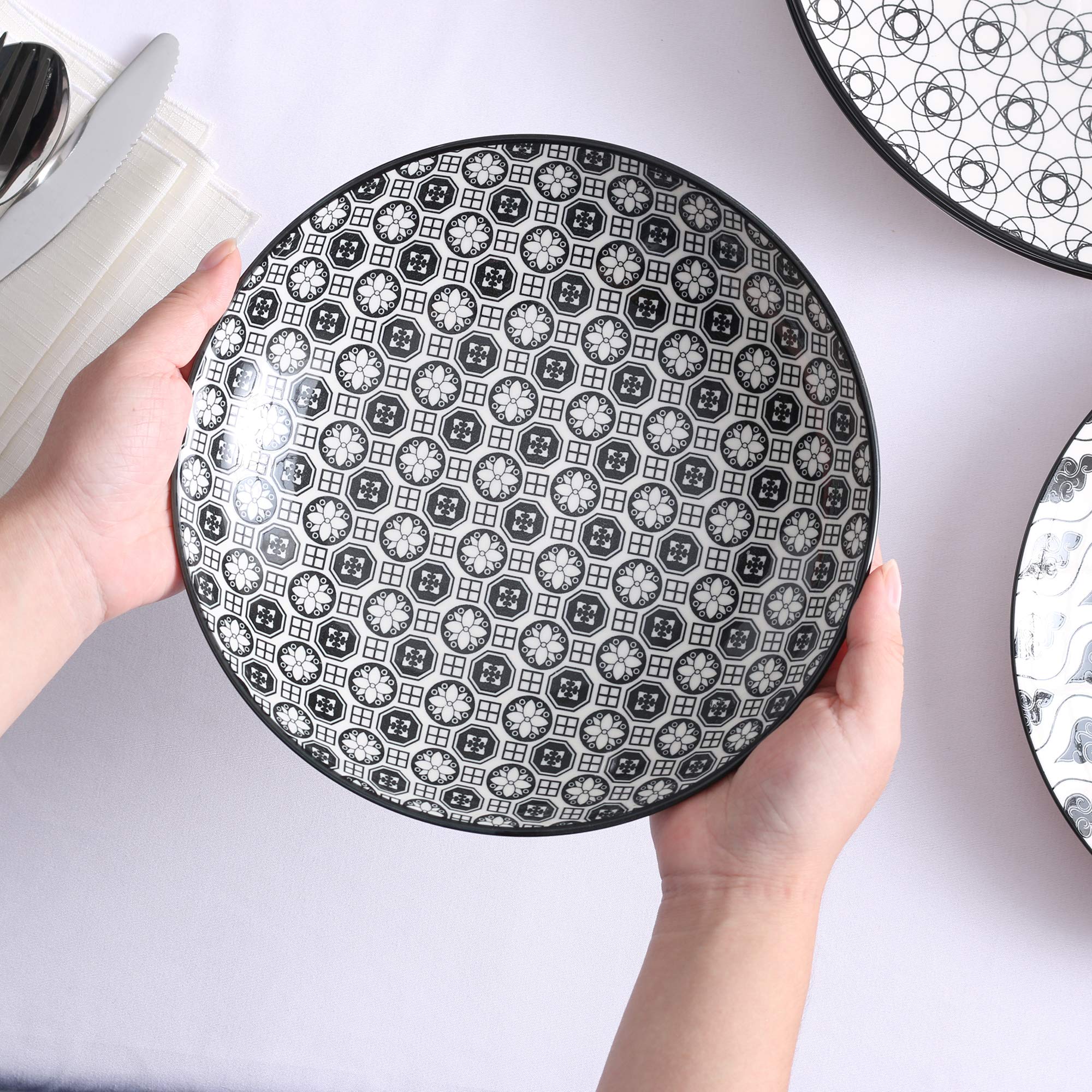 Vancasso Haruka Set 8 Pezzi Servizio da Tavola Porcellana, Set di Piatti Fondi Piatti Piatto, Piatti da Dessert Insalata Pasta Pizza Tondo Colore Verde Nera Bianca per 8 Persone