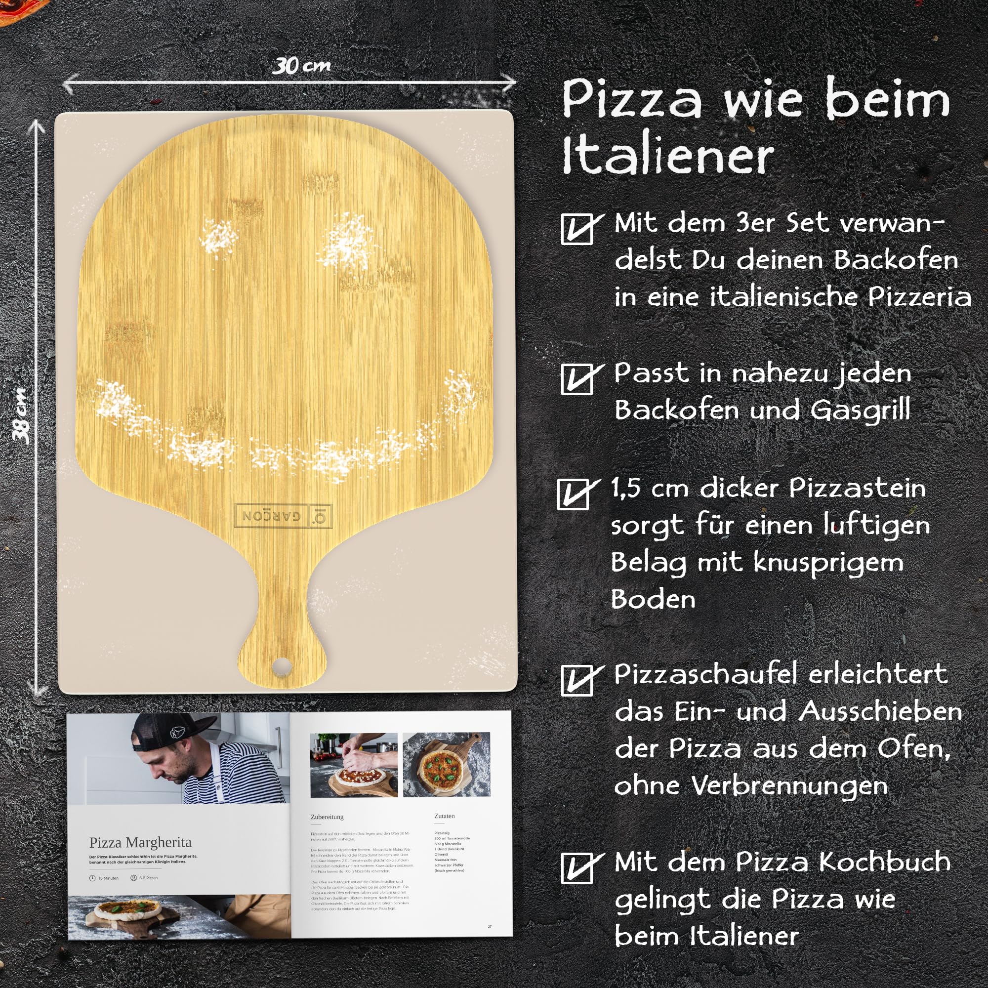 GARCON Pizzastein Set eckig – Pizza Stein für Backofen & Grill, 3-teilig inkl. Pizzaschieber & Rezeptbuch, ideal für Pizza, Flammkuchen & Brot, knuspriger Steinofenboden