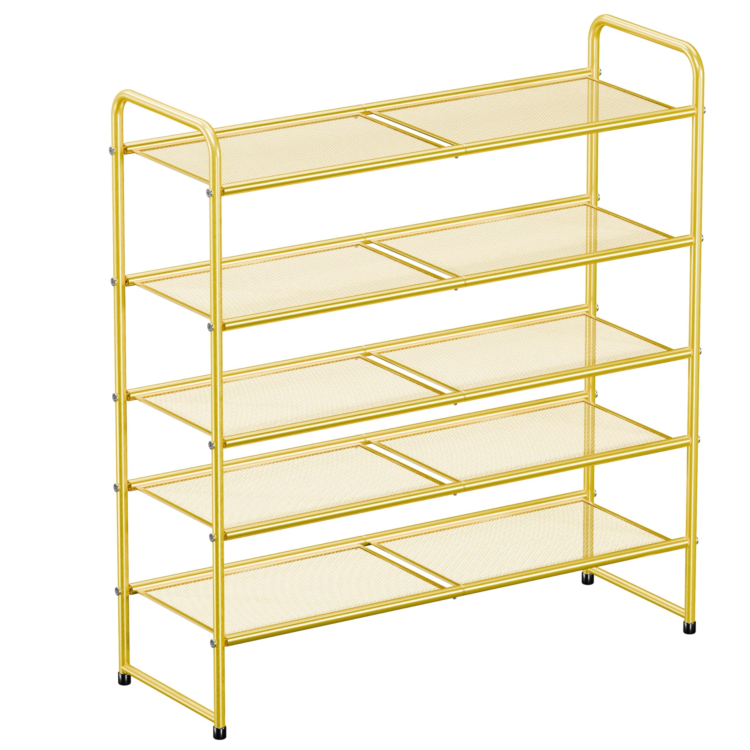 Heavy Duty Mesh Shoe Rack 5 Tier, Closet Metal Shoe Organizer for Entryway, Stackable, Gold