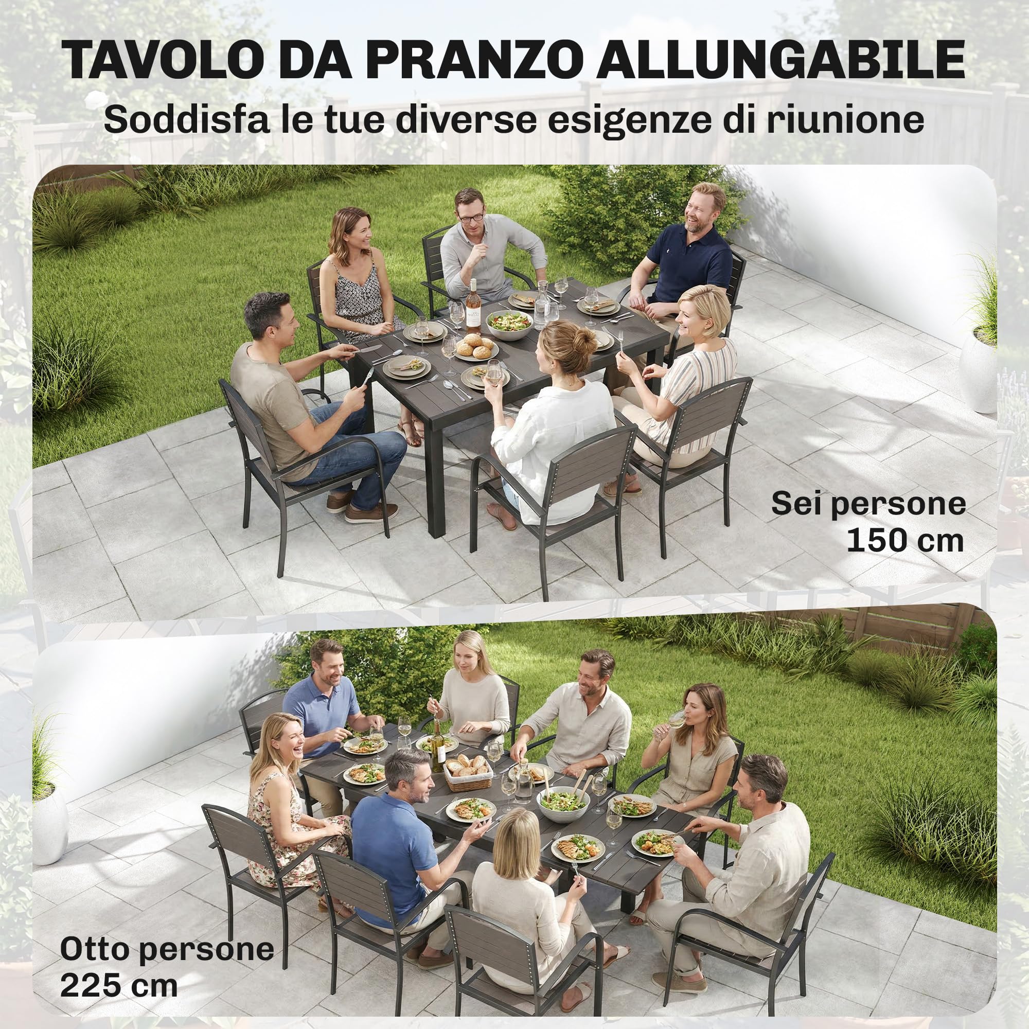Outsunny Set Tavolo e Sedie da Giardino 9 Pezzi Pranzo Allungabile Grigio | Piano in Plastica-Legno, 8 Sedie a Doghe, Struttura in Alluminio, per Terrazza Balcone