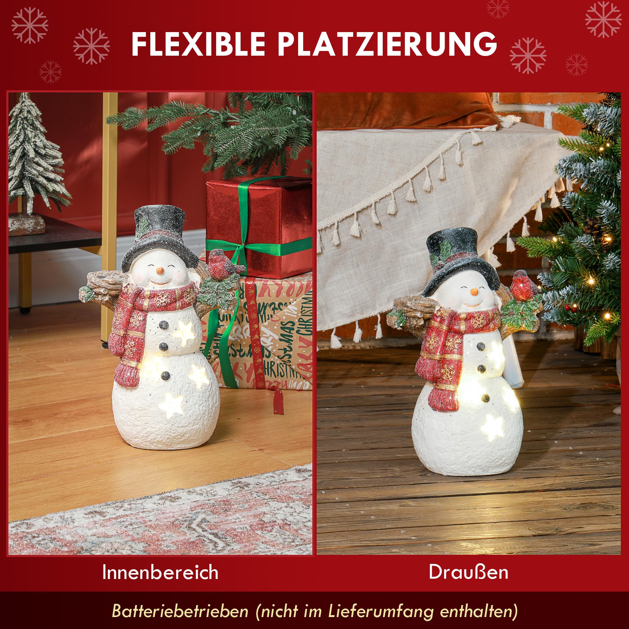 HOMCOM Weihnachtsdeko Figur Schneemann mit Schals 38 cm mit LED-Licht