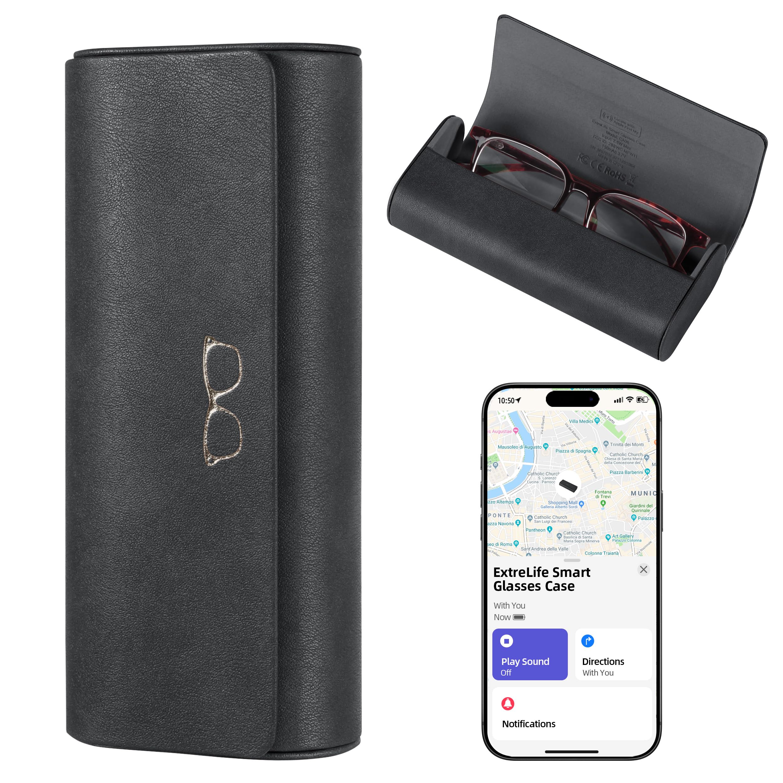 ExtreLife Smart Brillenetui, Funktioniert mit Apple Find My, Hartschalen-Sonnenbrillenetui für Damen Herren, Brillenetui mit GPS-Tracker, PU-Leder, Anti-Verlust, Wiederaufladbar, Schwarz