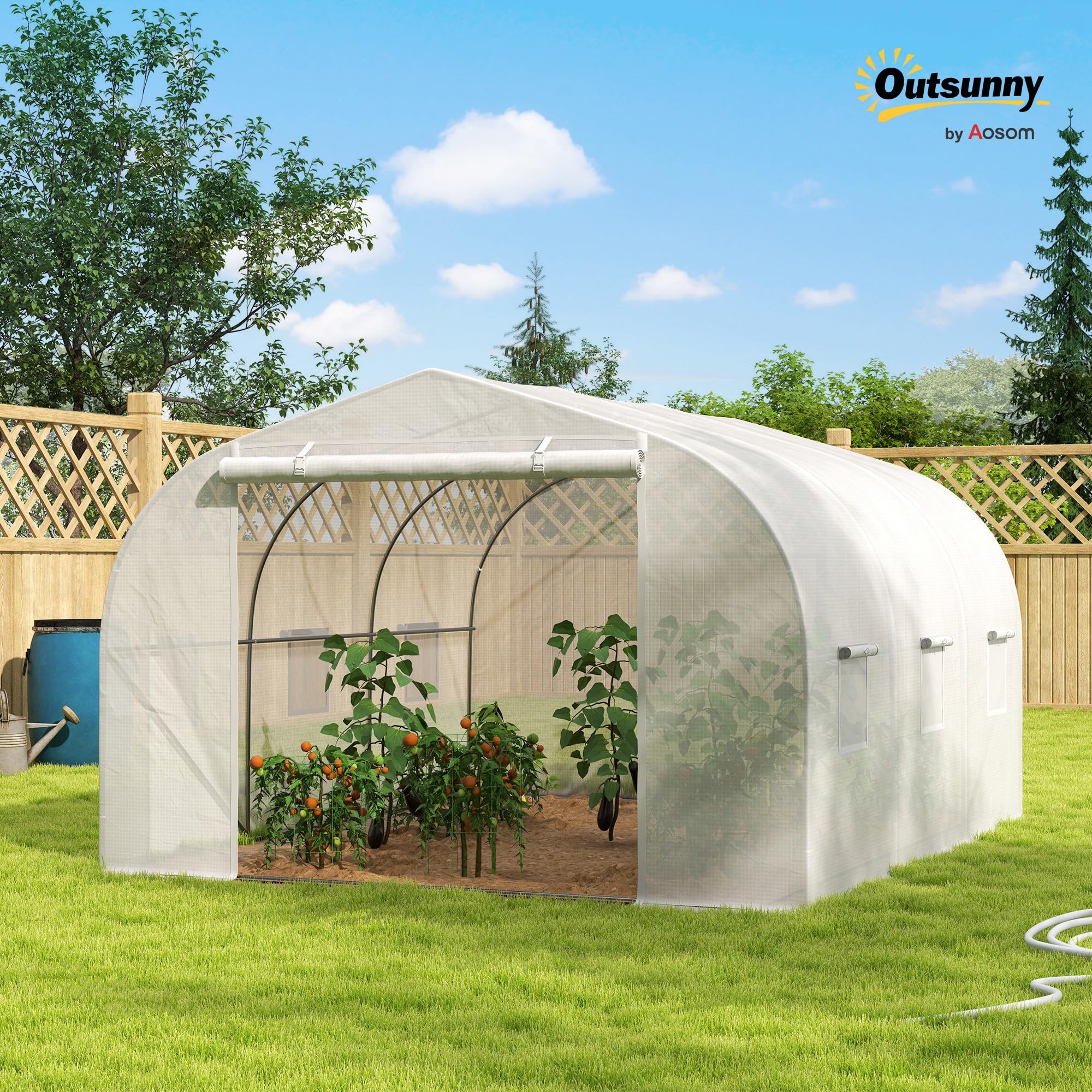 Outsunny Serra da Giardino, Serra a Tunnel per Giardino con Porta a Rullo e 6 Finestre, per Orto in Polietilene e Acciaio, 3.5x3x2 m, Bianco