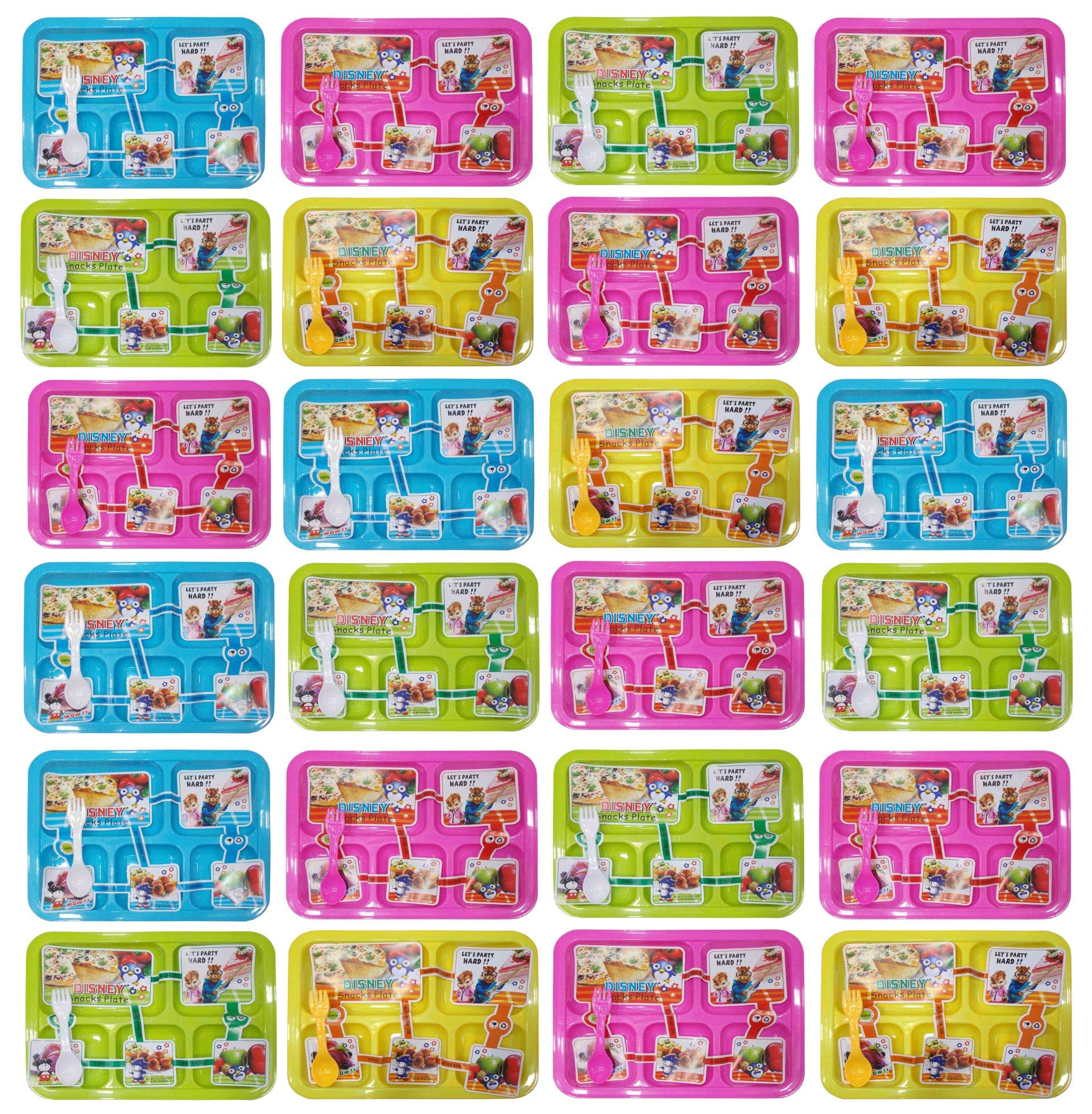 Kotak SalesKids Children Trendy Fun Food Lunch Dinner Plate with 2 in 1 Spoon Fork Food Grade BPA Free Material Return Gift for Kids Birthday Party (Set of 24 Pcs)